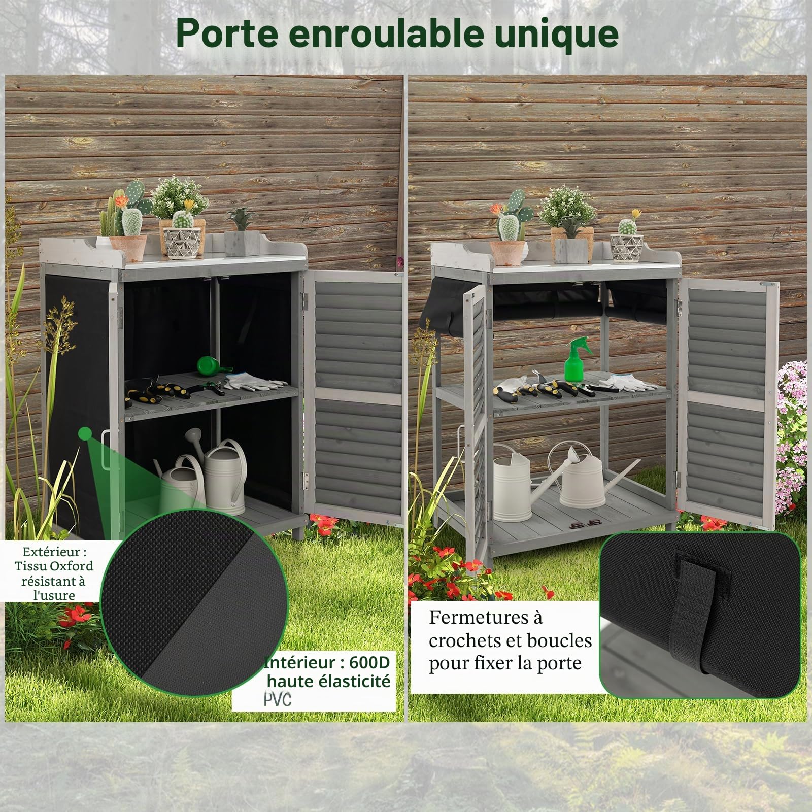 HOMASIS Table de Rempotage en Bois avec Plateau en Métal et 2 Etagères | Abri de rangement Imperméable pour Jardin Terrasse Patio Arrière, 67 x 47 x 100 cm, Gris