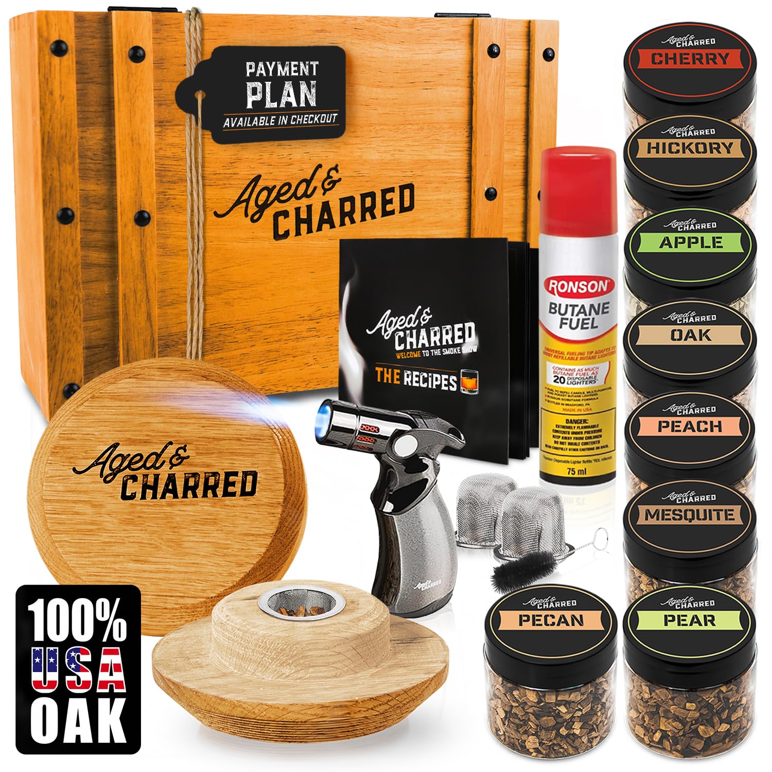 Whiskey Cocktail Smoker Kit with Torch & 8 Flavors Wood Chips - Premium USA Oak Smoker - Old Fashioned Smoker Kit - Bourbon Gifts for Men (with Butane)