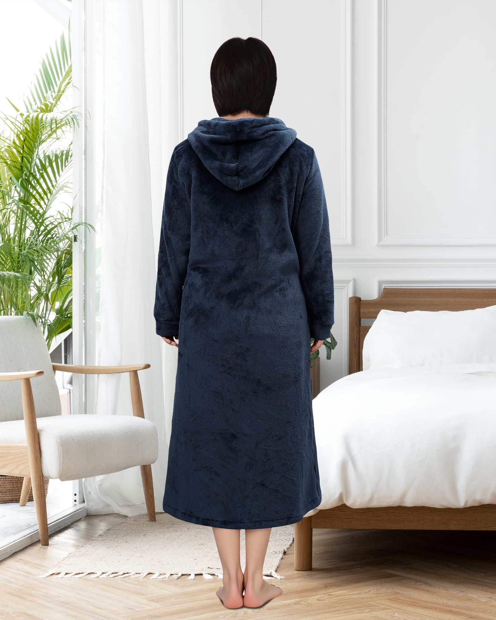 KAKU NANU Albornoz largo de franela suave con cremallera para mujer, tallas S-2XL