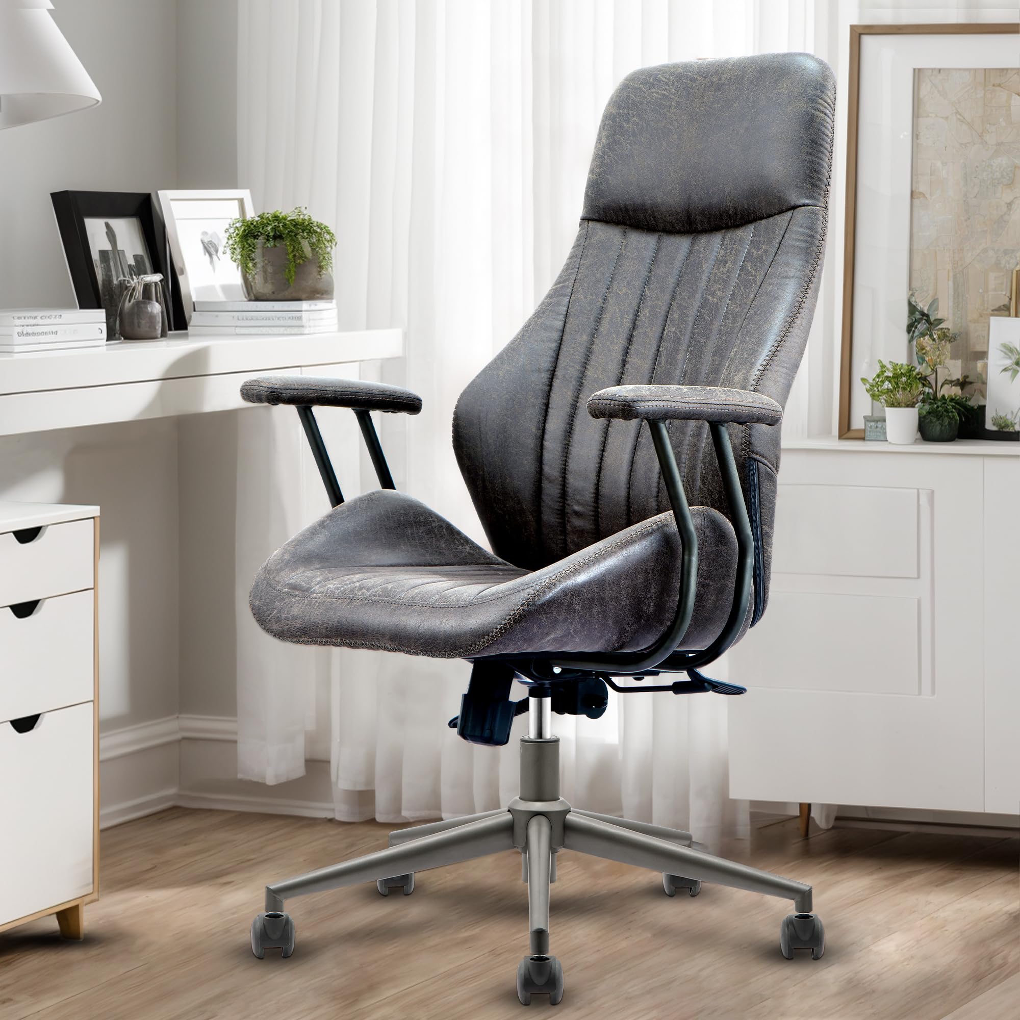 High Back Home Office Chair, Mid Century Vintage Executive Chair,Comfy Ergonomic Rolling Office Task Chair with Lumbar Support,Faux Leather Office Chair,Dark Gray