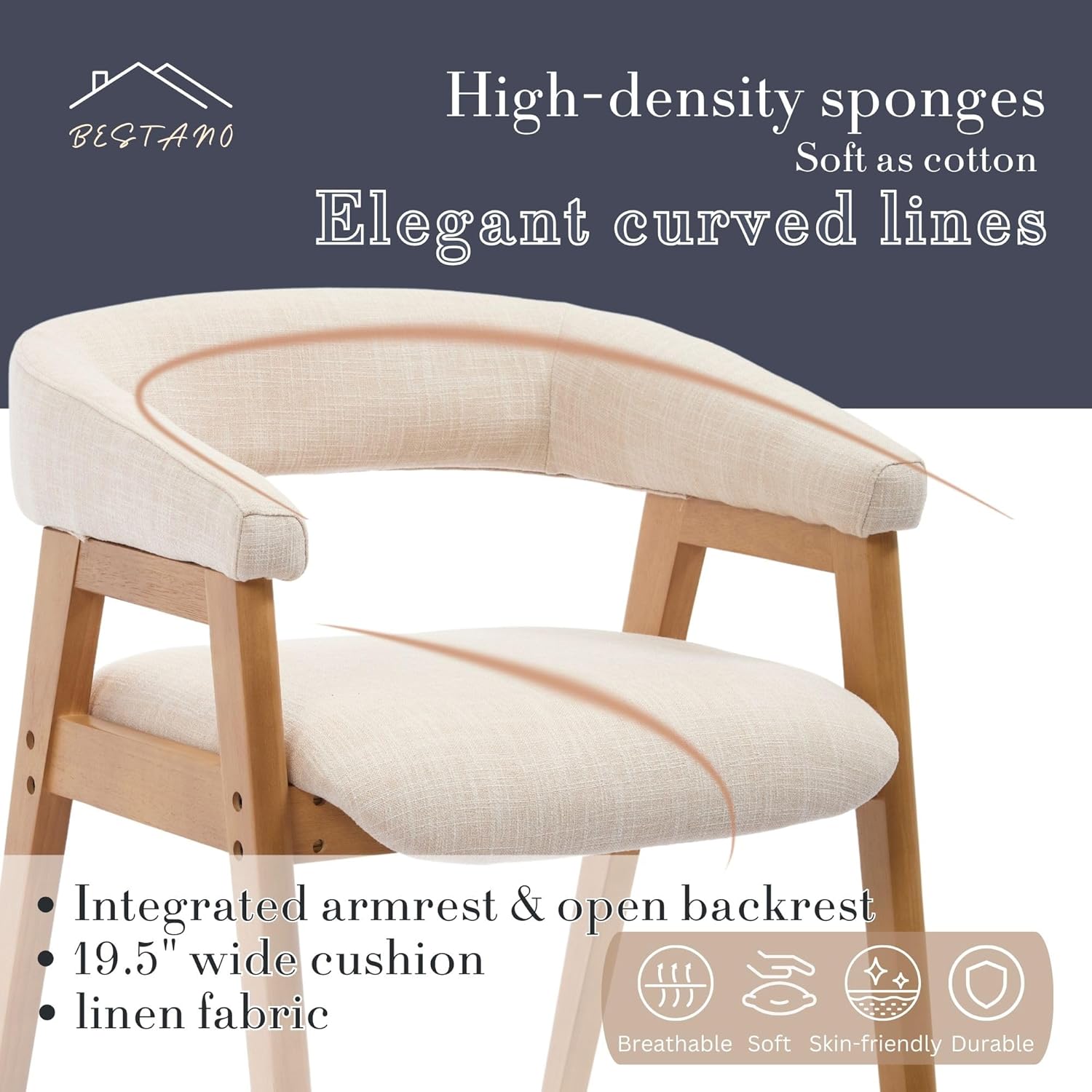 Modern Dining Room Chairs Elegant Cream Linen Upholstery Fabric Dining Chairs with Arms Back Side Chairs Wood Legs for Kitchen Restaurant Living Reading Room, Set of 4 Beige 4 Chairs Beige Linen + Natural Wood