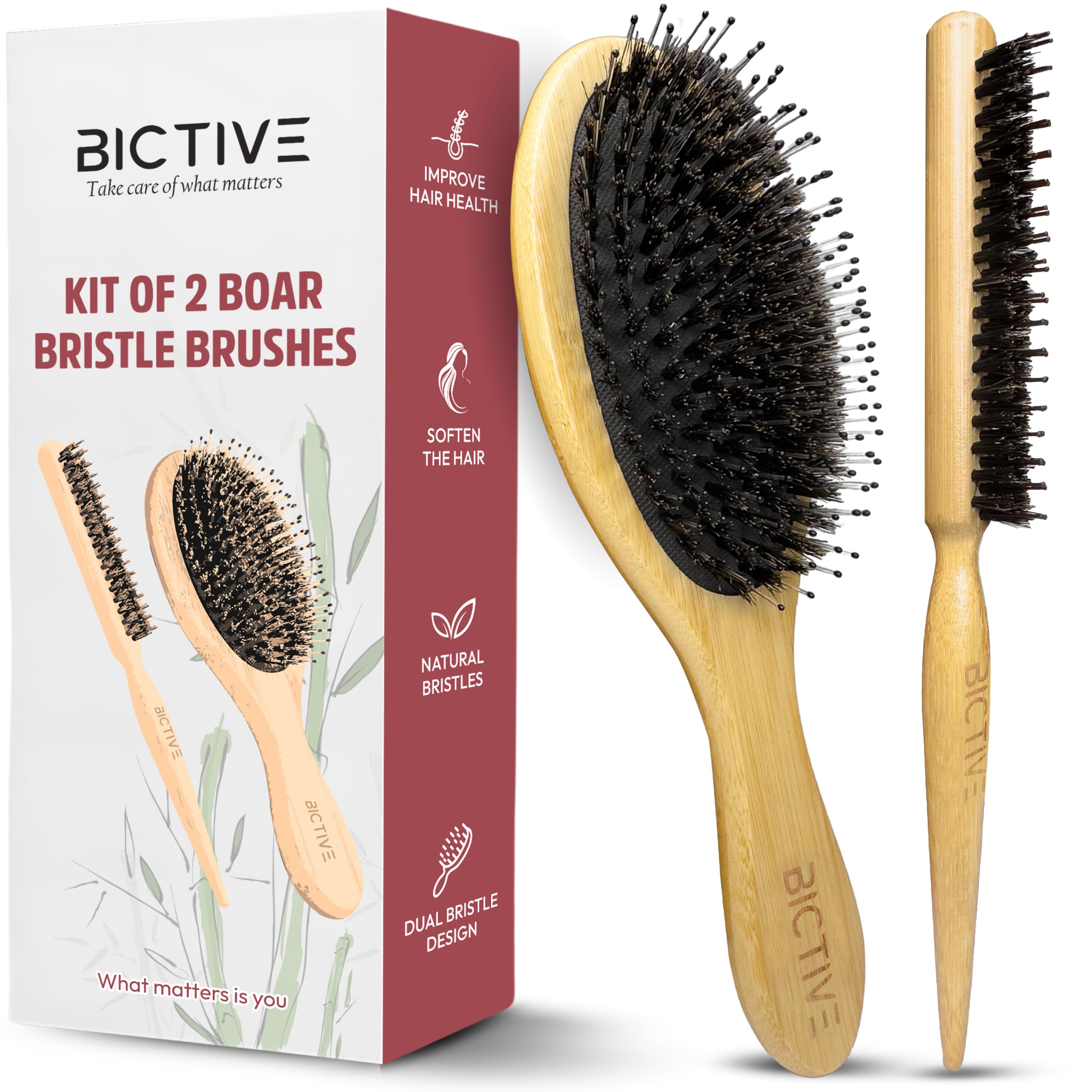 BICTIVE® Kit de 2 Cepillos Cerdas Jabalí Diferentes en Bambú. Cepillo Cerdas Naturales Cepillo Pulidor Pelo Cepillo Pelo Cerdas Jabali Antitirones Antiencrespamiento para Recogidos de Pelo Unisex