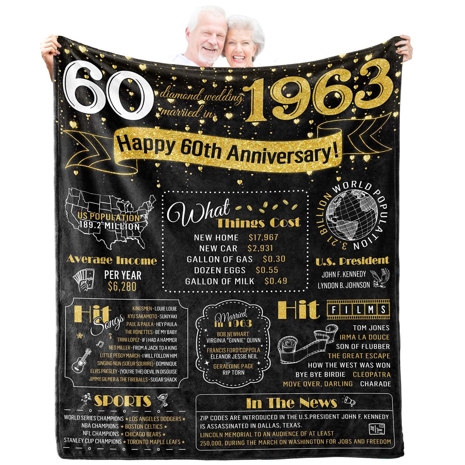 lpmisake 60th Anniversary Decorations Diamond Wedding Anniversary Romantic Gifts for Couples 60th Wedding Gift for Couple Dad Mom Parents Grandparents Back in 1963 Custom Blanket 60 X 50 Inches
