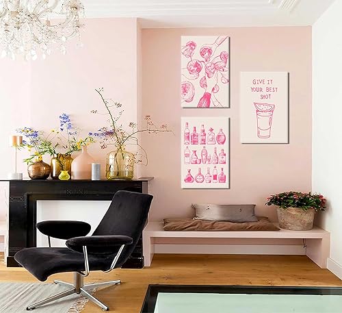 Miniatura 7 de 3 piezas de carrito de barra rosa arte de pared coqueta de moda botellas de alcohol póster retro cóctel animador lienzo pintura femenina preppy