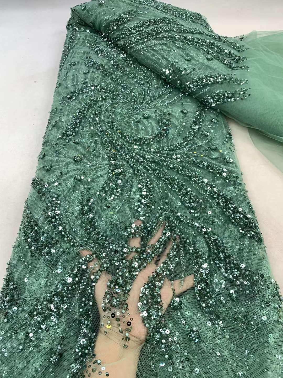 French Lace Fabric Elegant African Embroidery Sequins Beaded Tulle Lace for Evening Dresses (5 Yards,Red)