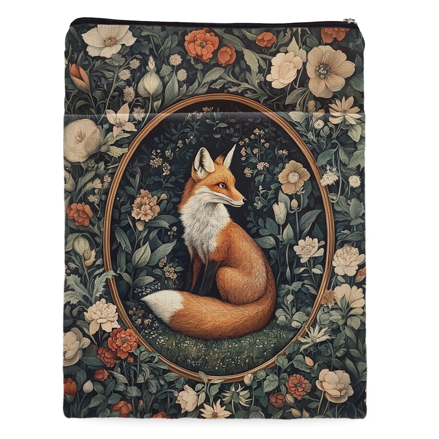 Vintage Flower Fox William Morris Book Sleeve for Book Lovers, Bookish Book Protector with Zipper, Washable Fabric Book Cover for Paperbacks &