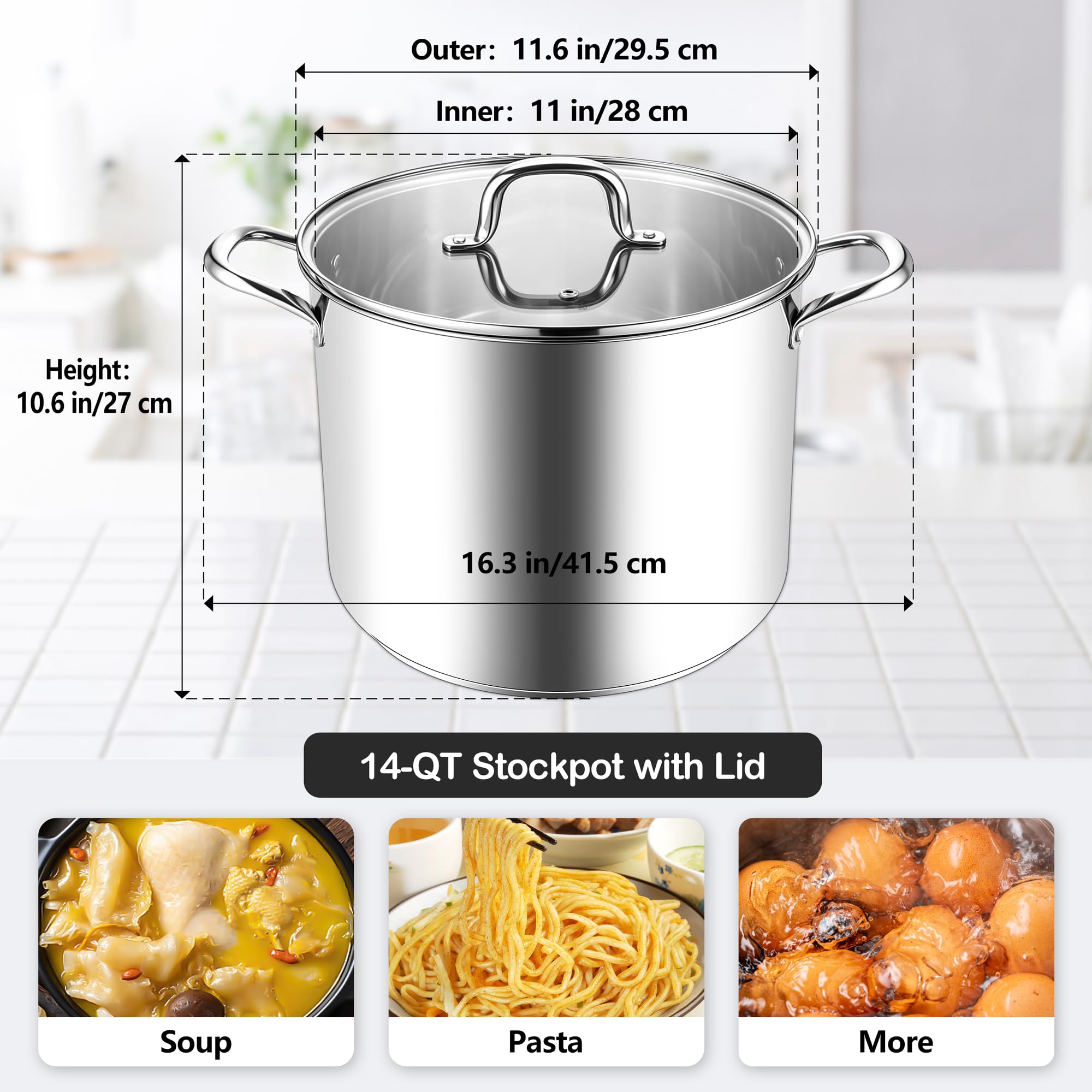 Homikit Pentola grande da 14 litri, in acciaio inox, con coperchio, per inscatolamento e stufatura a vapore, fondo pesante a tre strati, cottura a induzione e pasta, lavabile in lavastoviglie