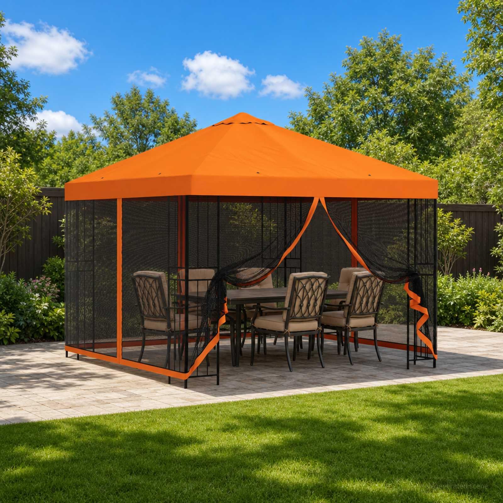 Pawilon ogrodowy ze ścianami bocznymi 3 x 3 m, pomarańczowy, odporna na warunki atmosferyczne pergola z wodoodpornym dachem, stabilna rama stalowa, system wentylacji, idealny na taras, do