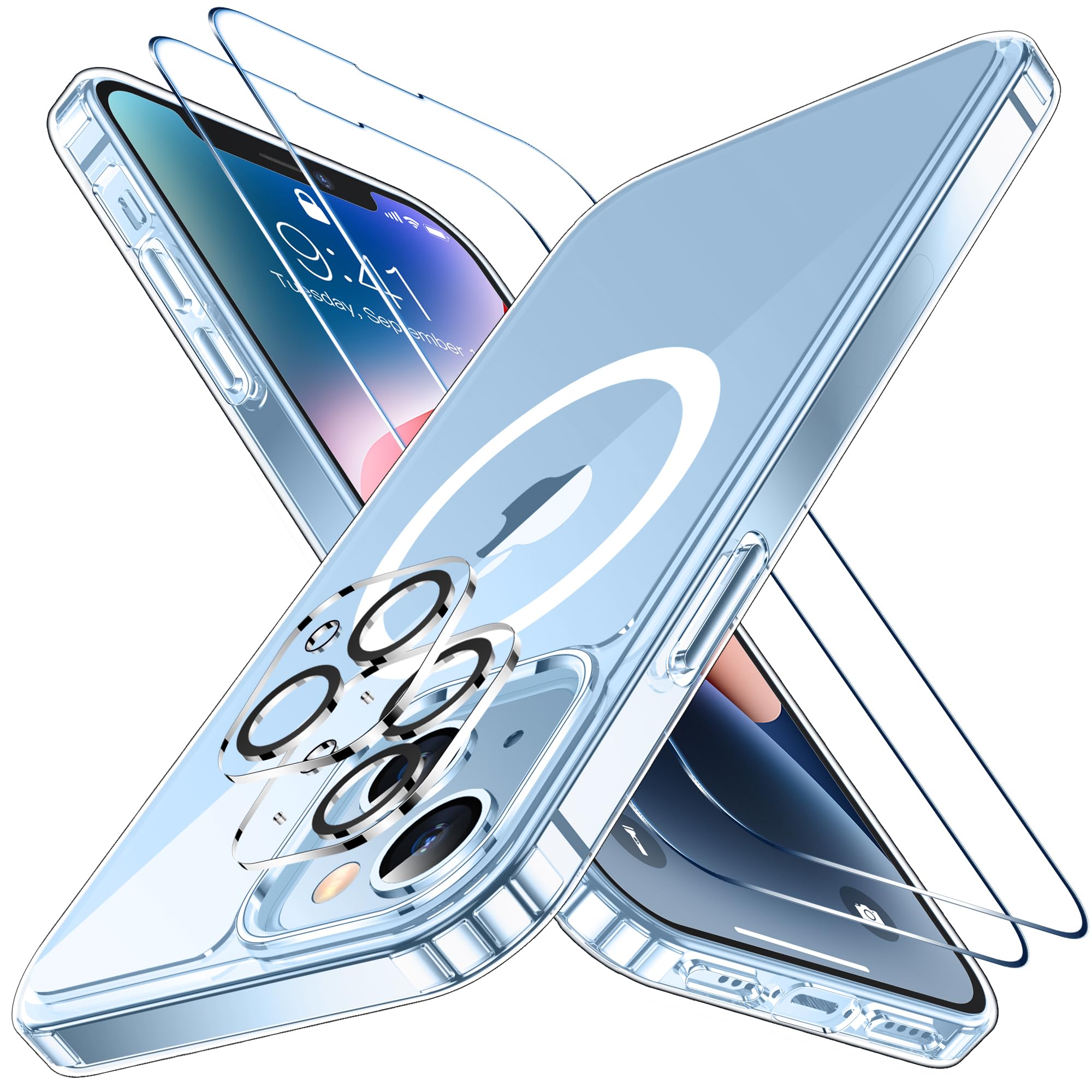 SPIDERCASE for iPhone 14 Case/iPhone 15 Case, [15 FT Military Grade Drop Protection] Magnetic [Crystal Clear] 2 Pack [Tempered Glass Screen Protectors
