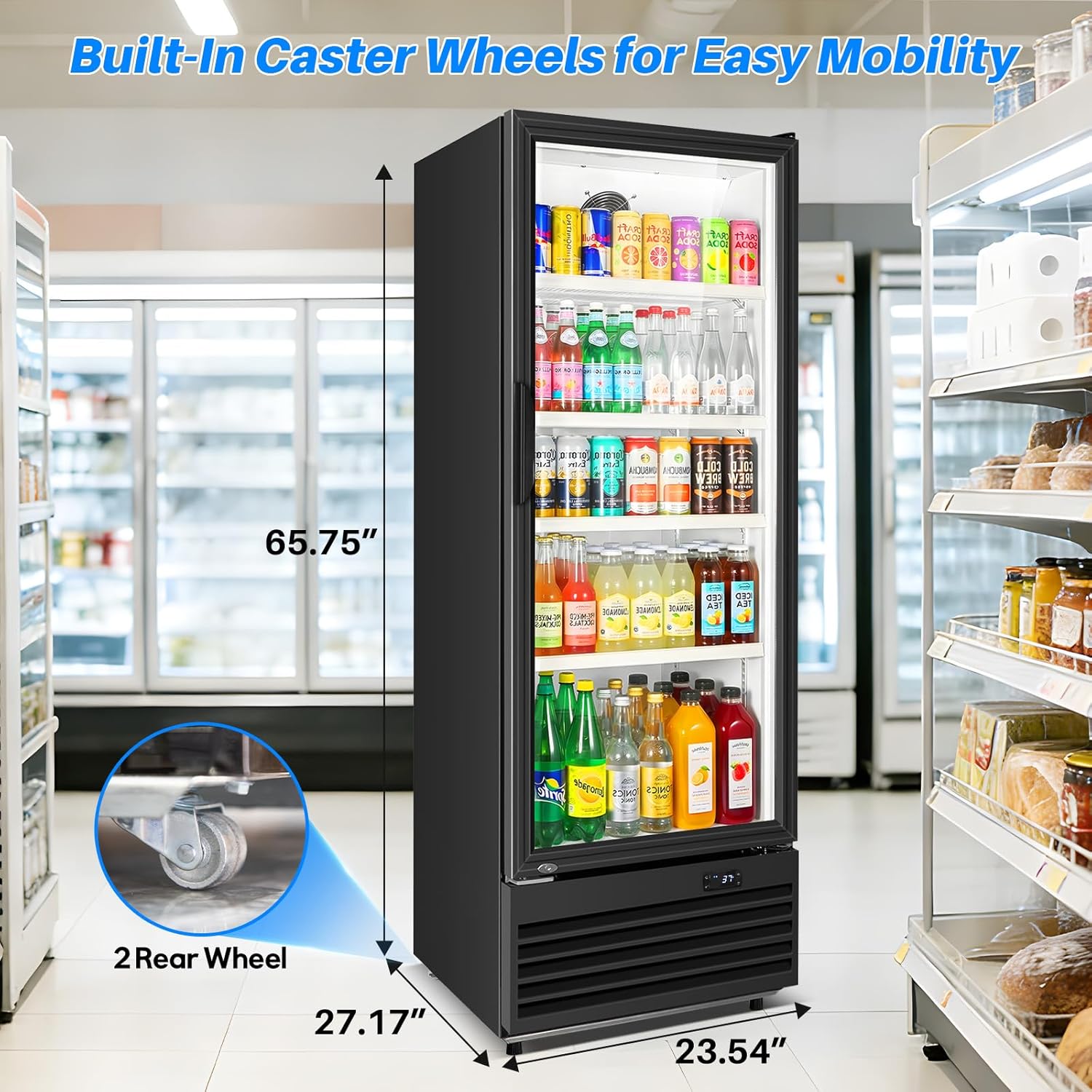 Commercial Beverage Refrigerator, 24.5" Glass Door Display Fridge, 15 Cu.Ft Freestanding Beverage Cooler with 4 Adjustable Shelves, Auto Rebound Door, Low Noise, for Shops, Restaurants & Bars, Black
