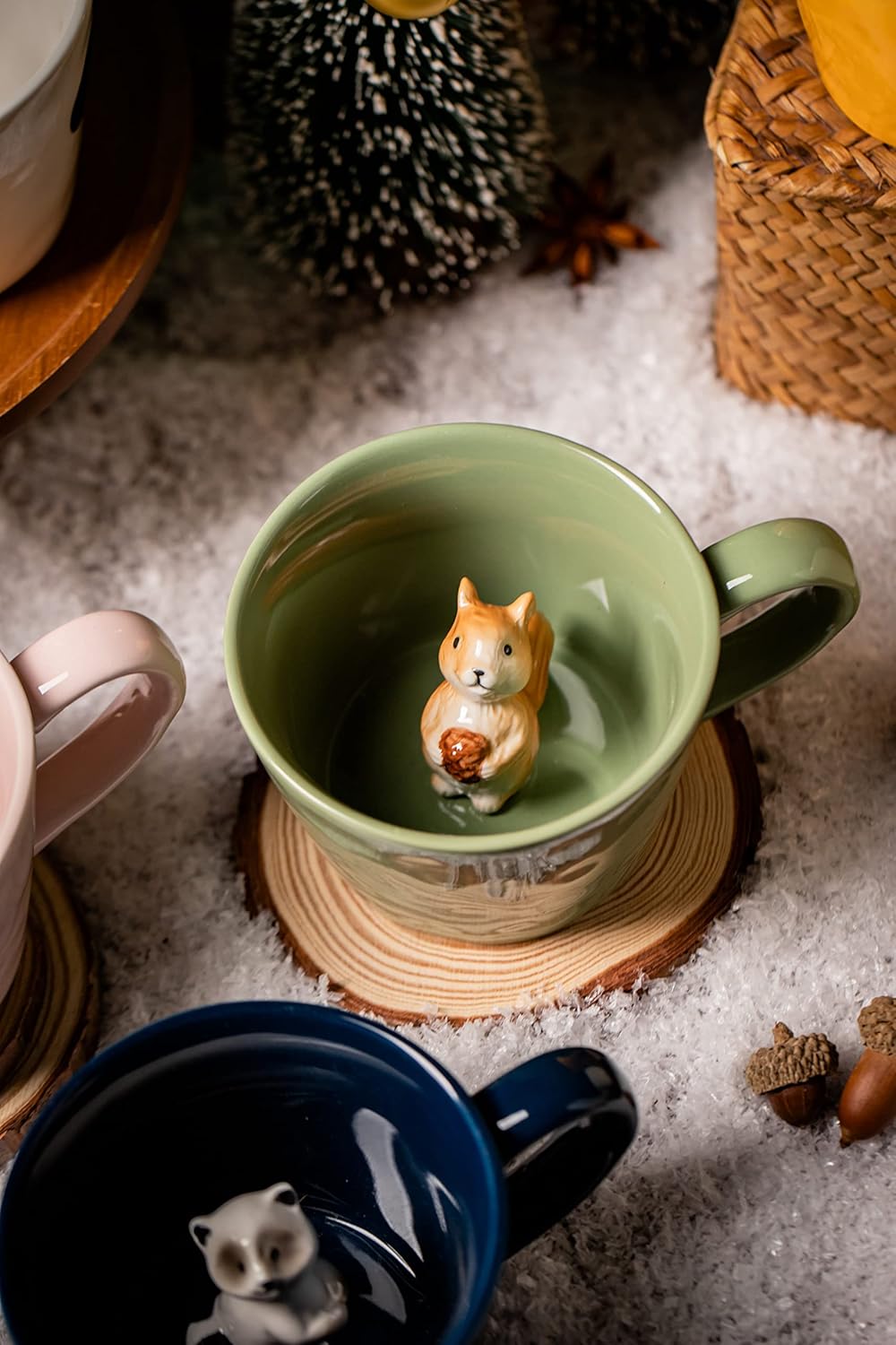 DIHOclub Squirrel Ceramic Cup Hidden 3D Animal Inside Mug,Cute Cartoon Handmade Figurine Mugs,Holiday and Birthday Gift for Coffee Milk Tea Lovers,12 OZ(Light Green) - Image 2