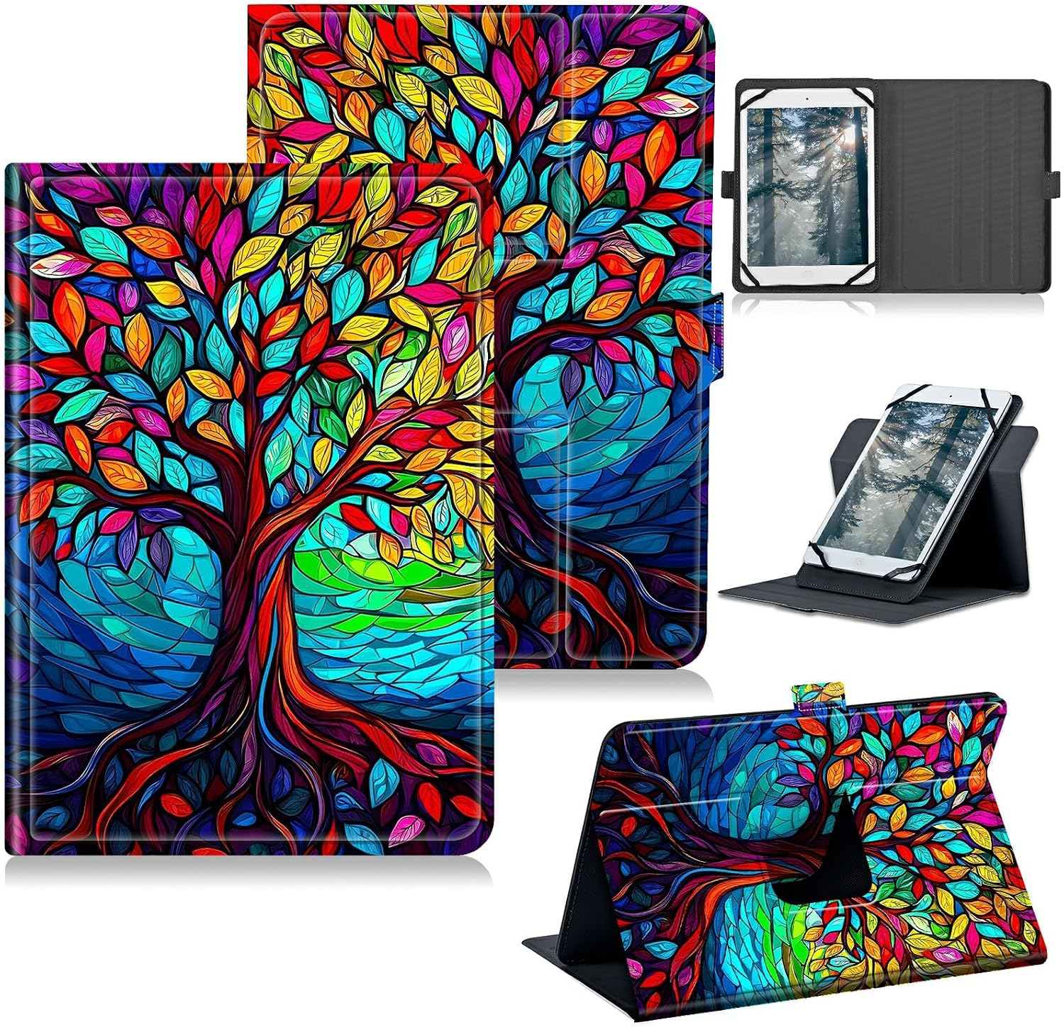 Universal Tablet Case for T-Mobile Revvl Tab 2 10.1" 2025/Revvl Tab 5G 10.36" 2023, 360 Degree Rotating Kickstand Protective Stand PU Leather Shell Cover for 9"-10.5", Colorful Tree