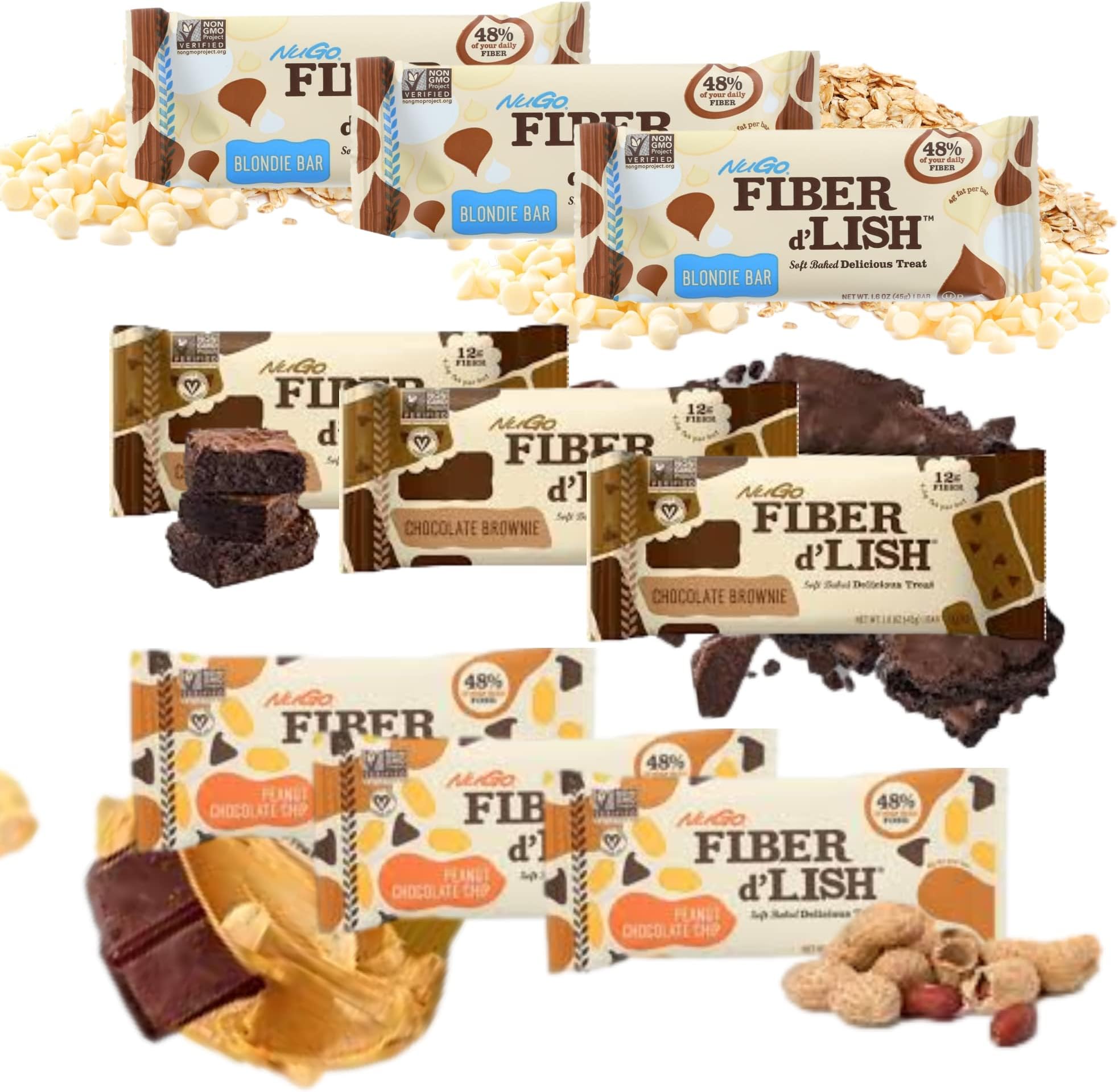 SOFT-BAKED, HEALTHY FIBER AND GRAIN FIBER BARS. Fiber Delicious Treat Three of Each 1.6 Ounce Bars In Peanut Butter, Brownie And Blondie Flavors (9 Pack)