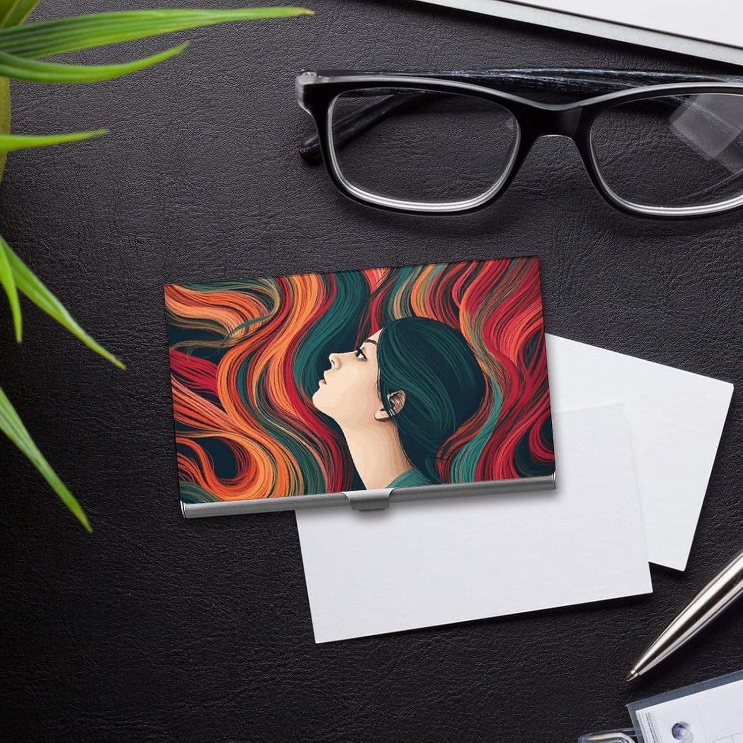 Woman with Long Colorful Hair Business Card Case Business Card Storage Slim Metal Credit Card Wallet Multi Functional Flip Cover Minimalist Wallet Card for Men And Women