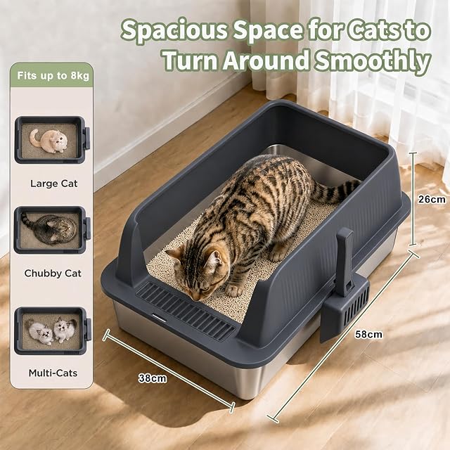 Foto 2 de 7 de Gimars Caja de Arena XL de Acero Inoxidable para Gatos, Bandeja Grande de Acero Inoxidable para Gatos
