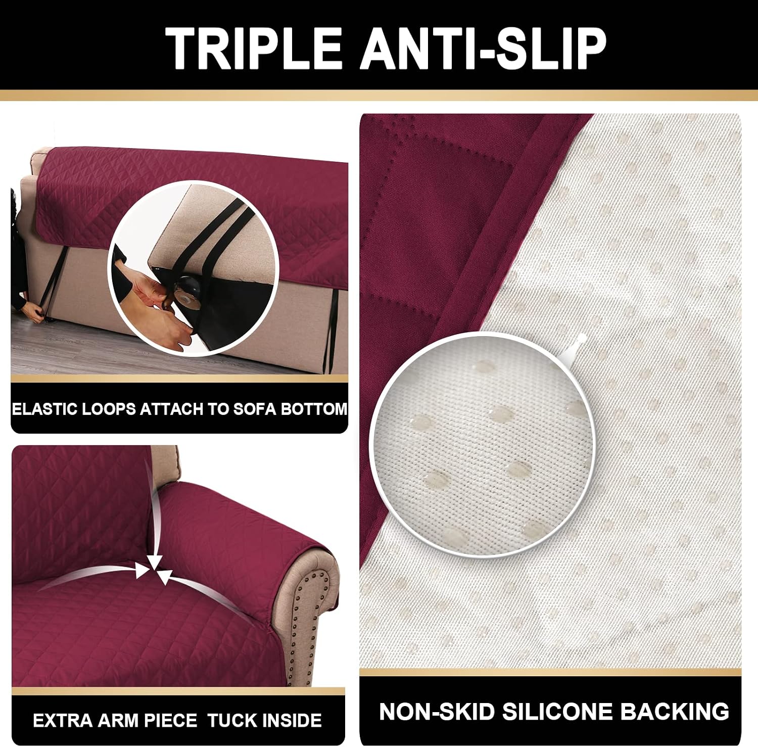 2024 New 100% Waterproof Sofa Covers Couch Cover for 3 Cushion Couch Non-Slip Sofa Slipcover Furniture Protector for Pets, Kids,Dog (Sofa, Burgundy)