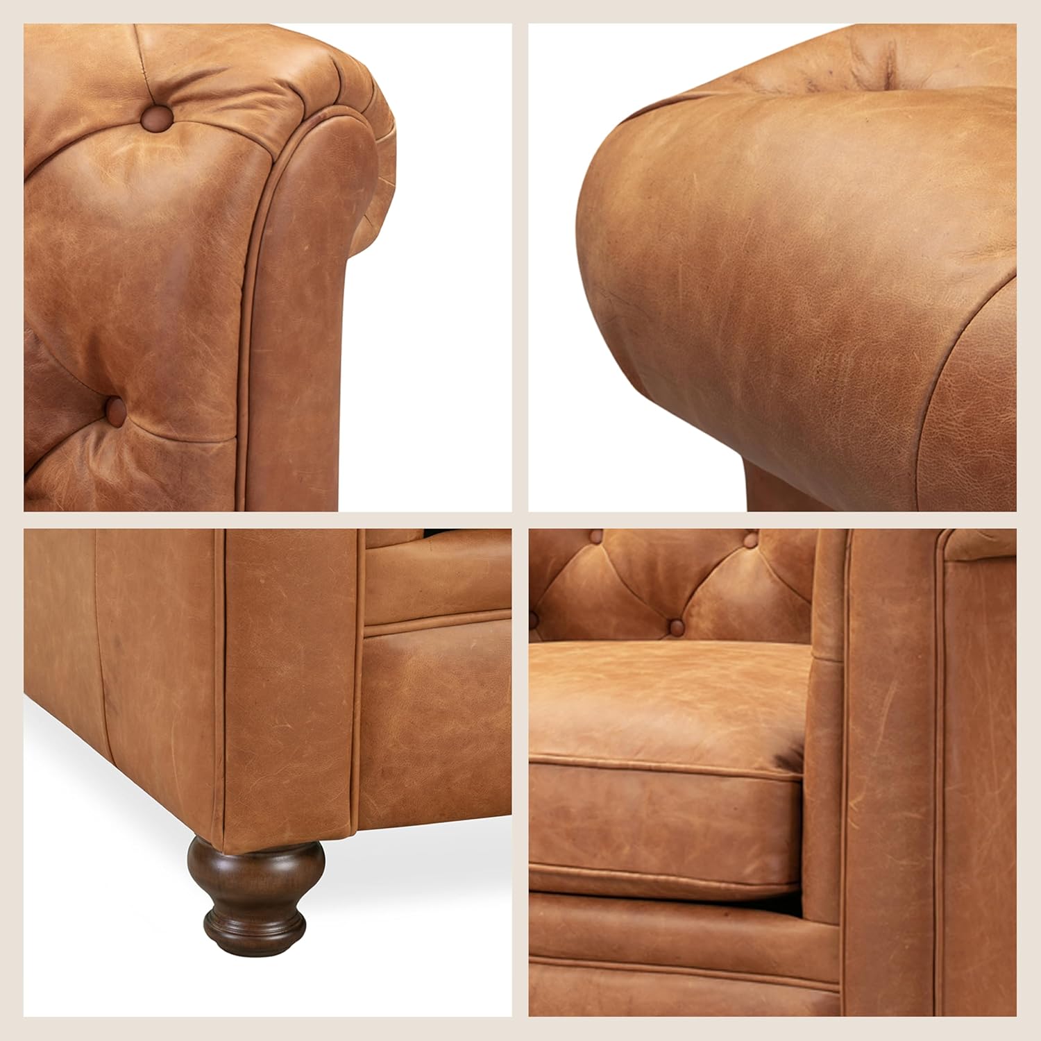 Poly & BARK Lyon Leather Lounge Chairs 49" - Set of 2 - Cognac Tan Full-Grain Leather – Modern Upholstered Accent Chairs for Living Room or Bedroom – Indoor Lounge Seating with Lasting Comfort