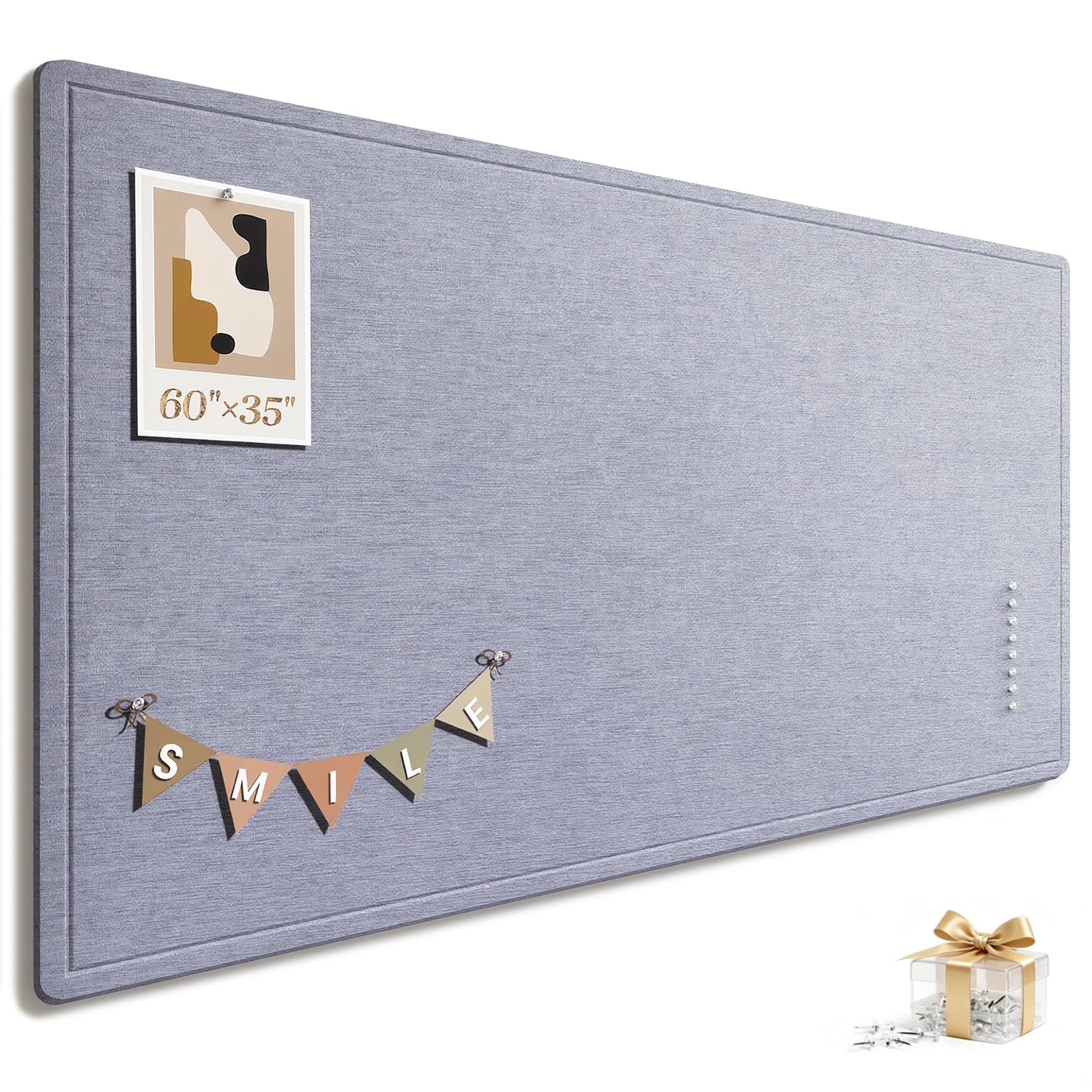 Large Bulletin Board, 60 X 36 Inches Felt Cork Board with 40 Pushpins, Foldable Felt Notice Pin Board Photo Display Board with Self-Adhesive Tape for Office Home School (Light Gray, 60x36 inch)
