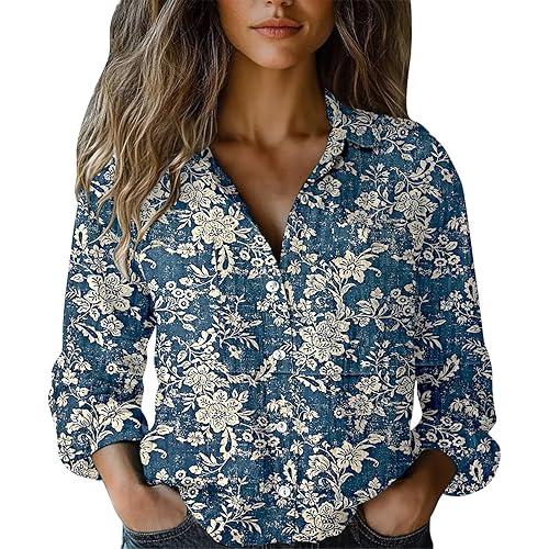 Flowy Tops for Women,Womens Long Sleeve Button Down Cotton Linen Shirt Blouse Loose Fit Casual V-Neck Tops