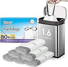 1.6 Gallon 80 Counts Strong Drawstring Trash Bags Garbage Bags by Teivio, Bathroom Trash Can Bin Liners, Small Plastic Bags for home office kitchen, White