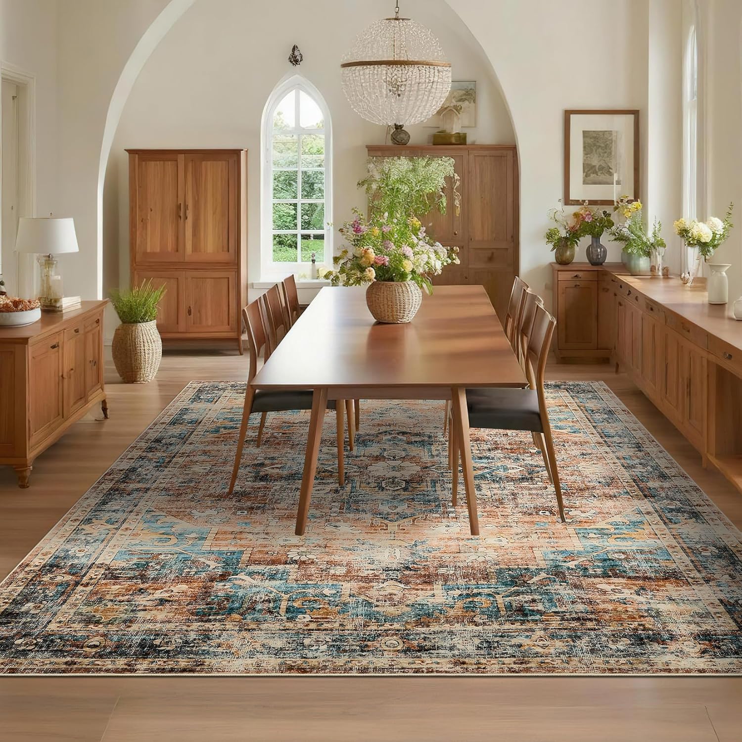 GarveeHome 8x10 Washable Vintage Living Room Area Rug: Vintage Machine Washable Area Rug for Living Room Indoor Large Non-Slip Bedroom Carpet Low Pile Stain Resistant Dining Room Carpet Green&Brown - Image 2