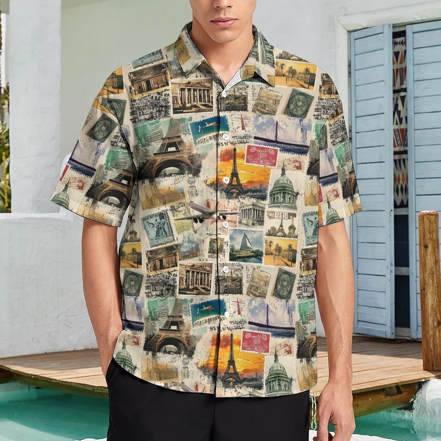 Travel Themes and Stamps Men's Button Down Shirts Short Sleeve Casual Shirts Summer with Pocket