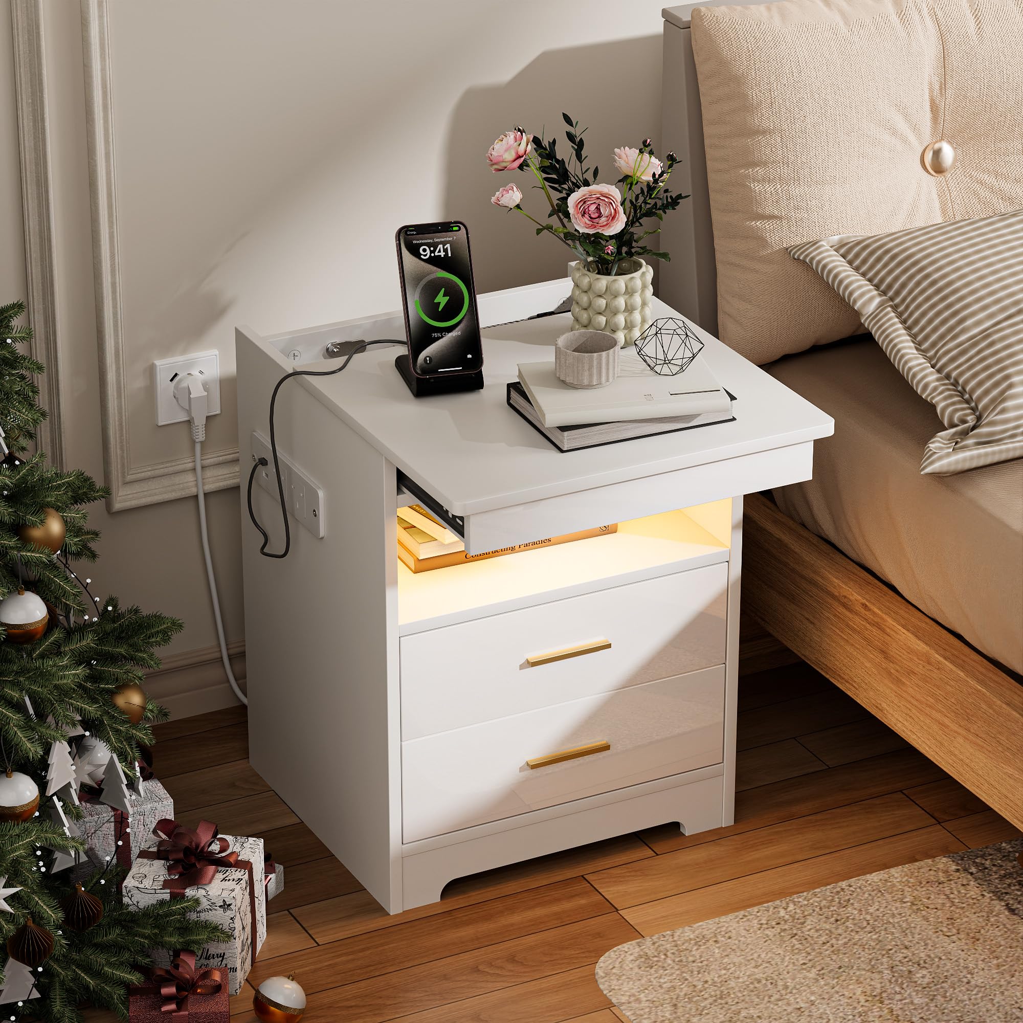 Ztexkee LED Bedside Table with Power Socket Big Nightstand with lock and RGB light End Table 3 drawers and 1 Storage compartments Cabinet for Bedroom Living Room White โ image 1