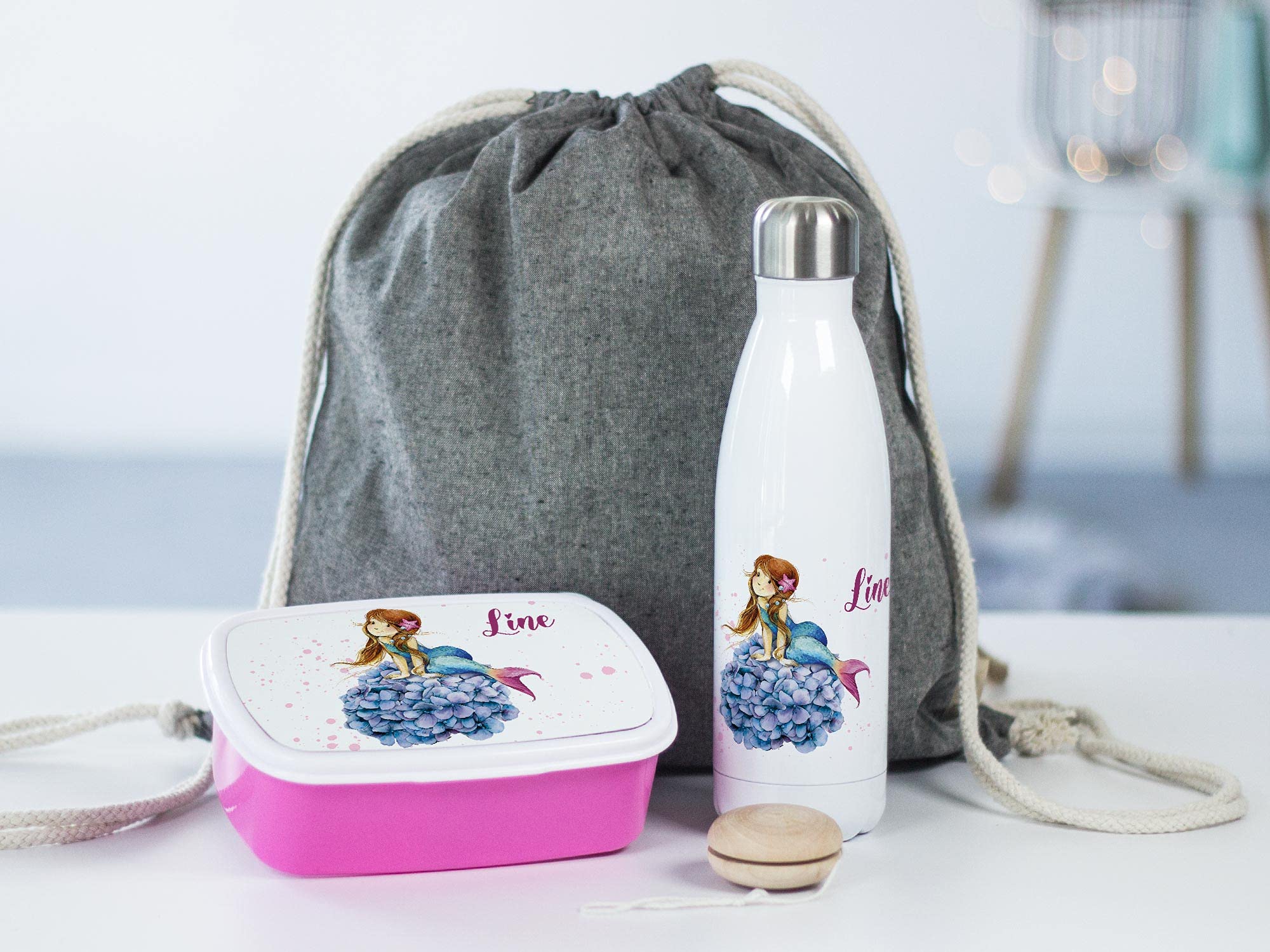 GRAZDesign Brotdose und Trinkflasche Set für Mädchen mit Namen | Meerjungfrau | personalisierte Lunchbox mit Trennwand Wasserflasche Edelstahl 500ml | Geschenk zur Einschulung, Kindergarten Start