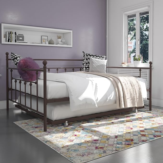 DHP Manila Metal Daybed with Trundle Bed Pullout, Queen Daybed with Trundle Bed Full Size, Suitable for Kids' Sleepover or Guests' Accommodation, Bronze