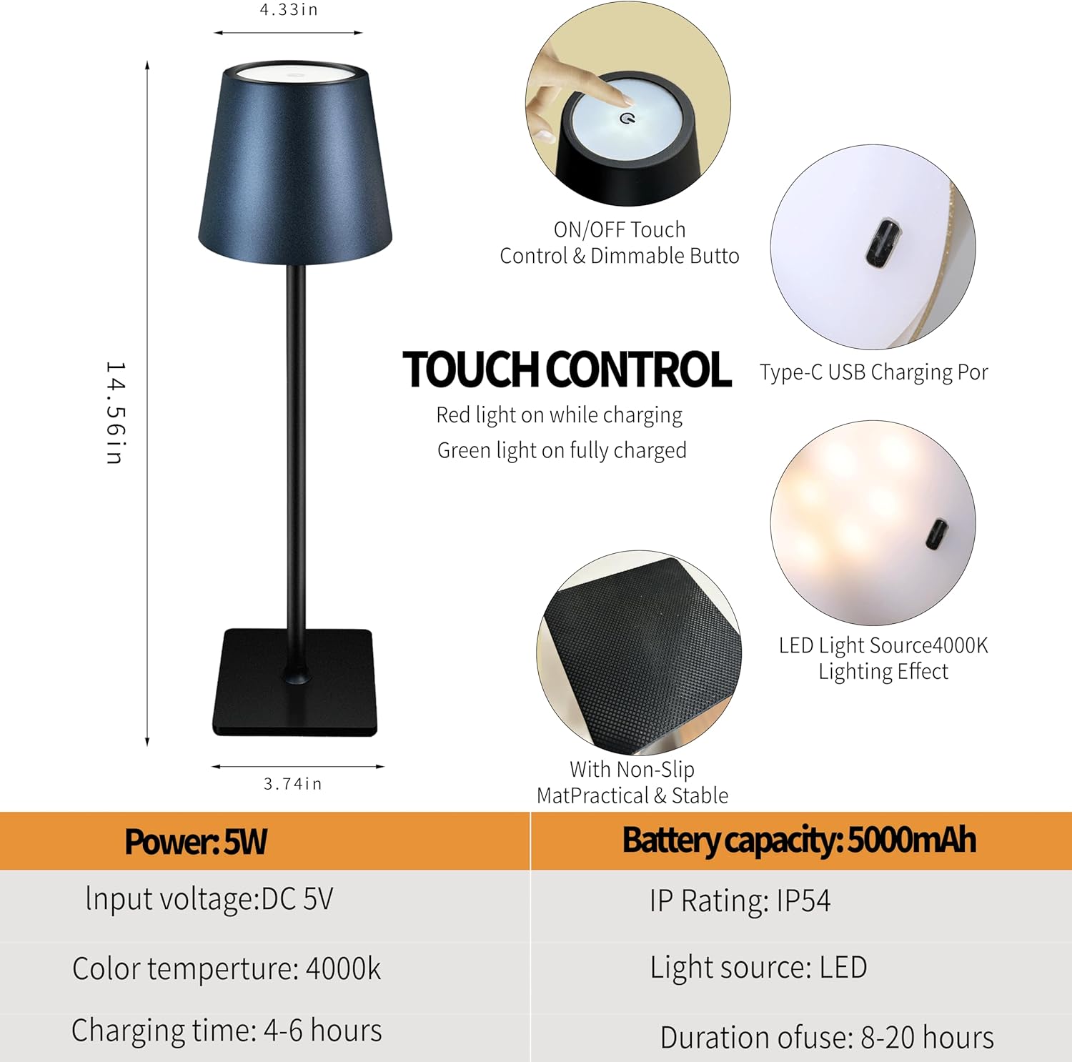 Led Table Lamp Cordless, 3 Colors Stepless Dimming, 5000mAh Rechargeable Touch Lamps for Bedrooms, Dining Table Lamp for Study, Coffee Shops (Black-2)