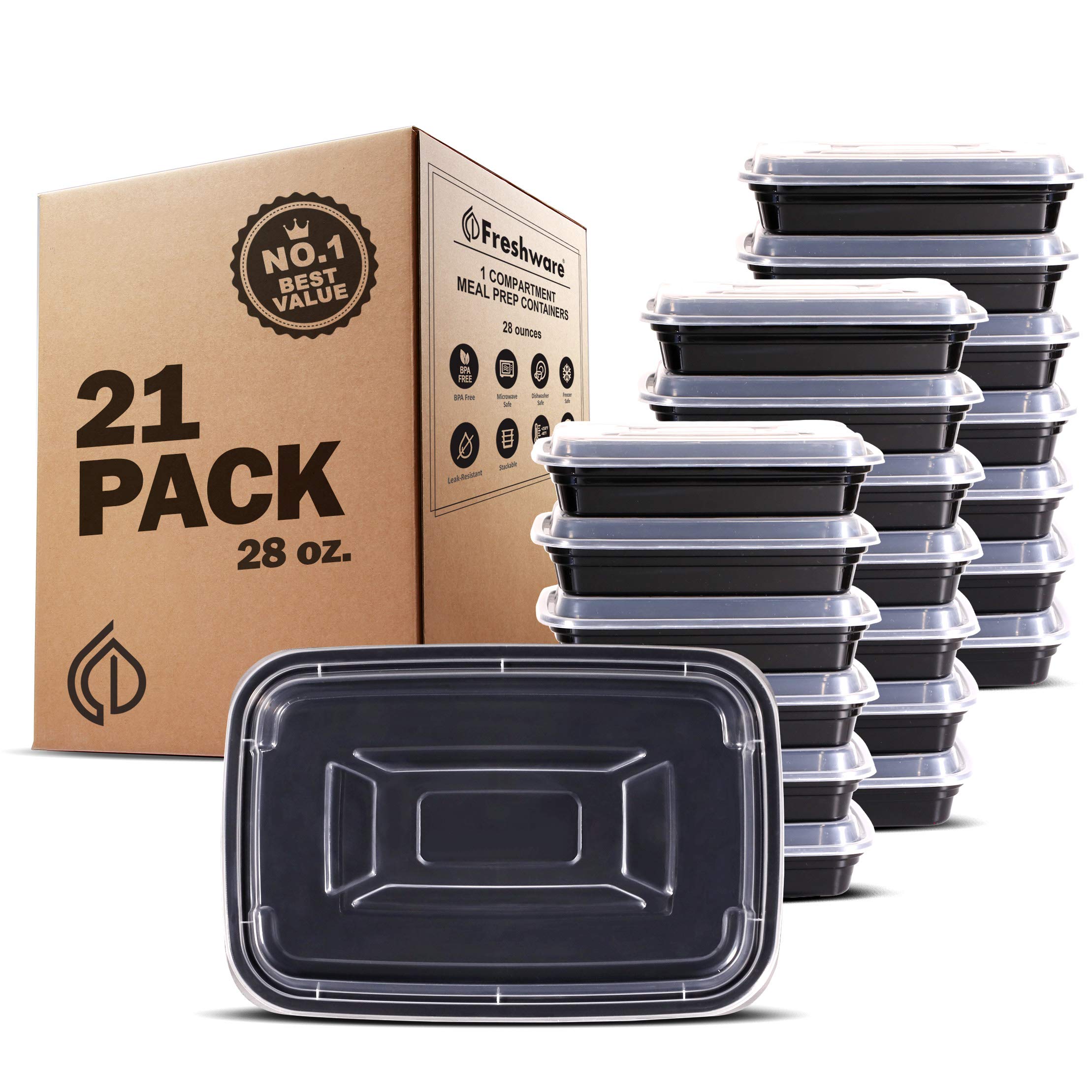 FreshwareMeal Prep Containers [25 Pack] 1 Compartment Food Storage Containers with Lids, Bento Box, BPA Free, Stackable, Microwave/Dishwasher/Freezer Safe (28 oz)