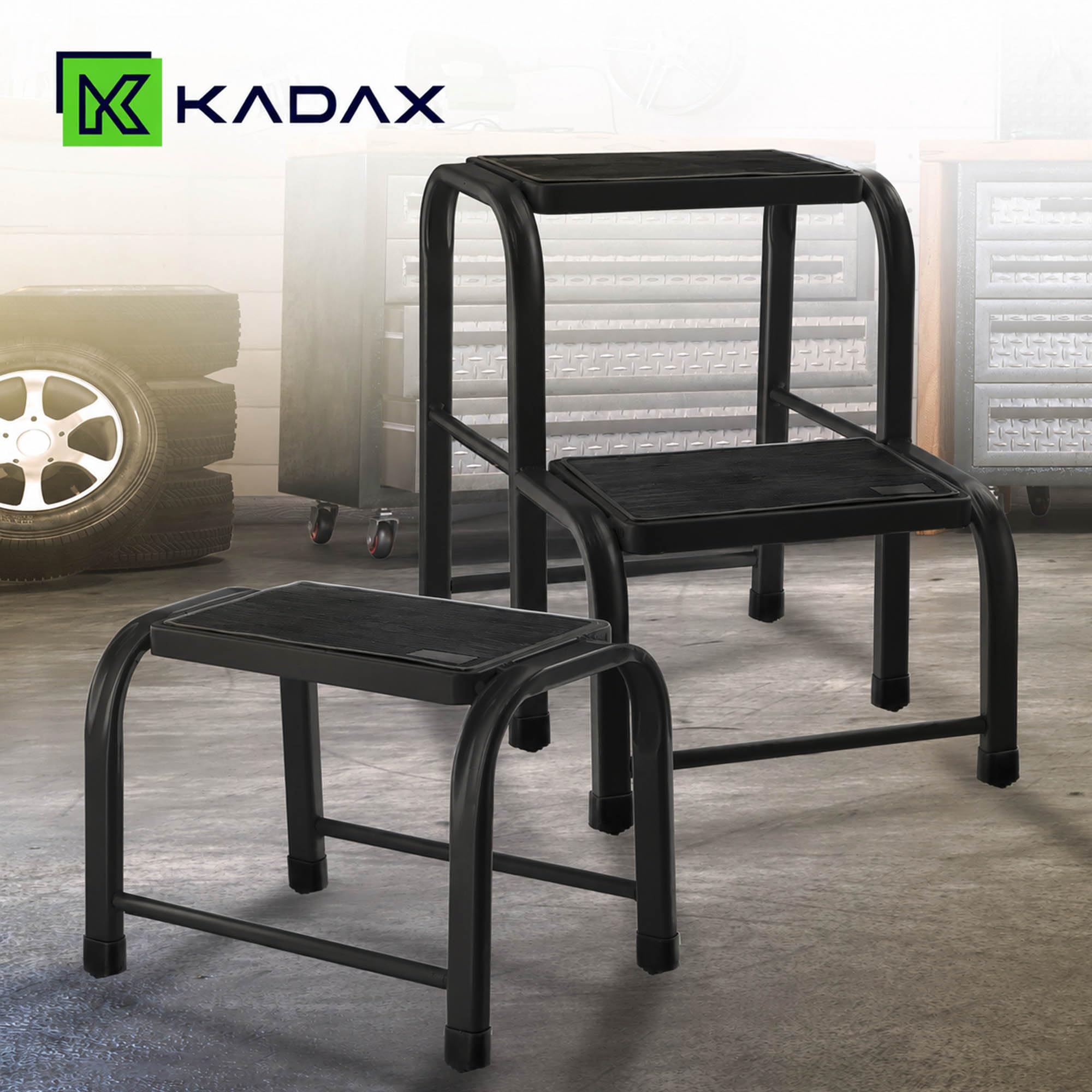 KADAX Taburete de acero, escalera doméstica de hasta 150 kg, taburete de transporte con patas antideslizantes, escalera doméstica, taburete de aluminio (2 niveles)