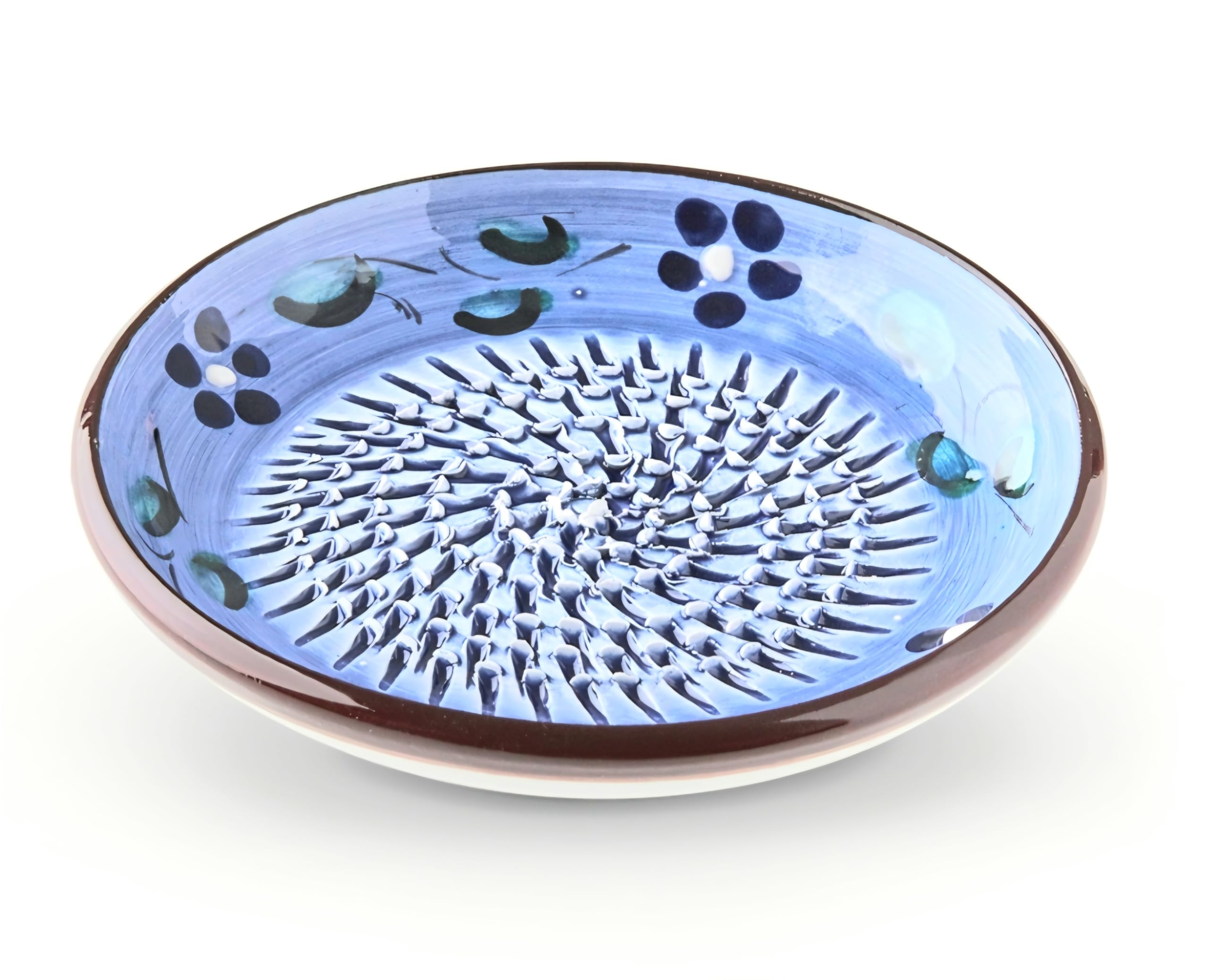 Garlic Grater Plate. (#Ref 5). Handmade and Hand Painted in Cordoba, Spain. Garlic Grater Plate, Blue with Brown Rim and Flowers.