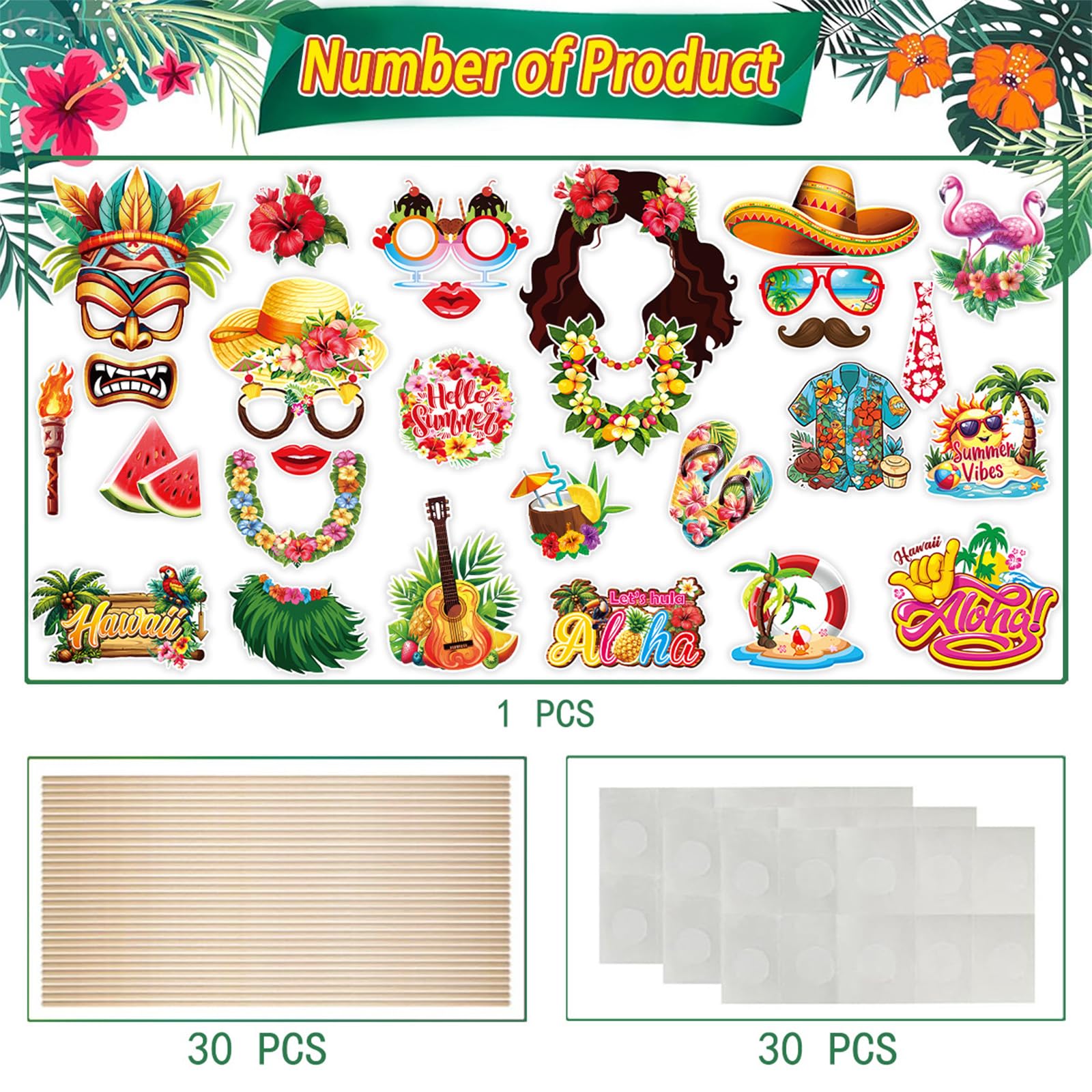 30-teilige Hawaii Fotobox Accessoires - Lustige Foto Requisiten Für Strandparty & Sommerfest