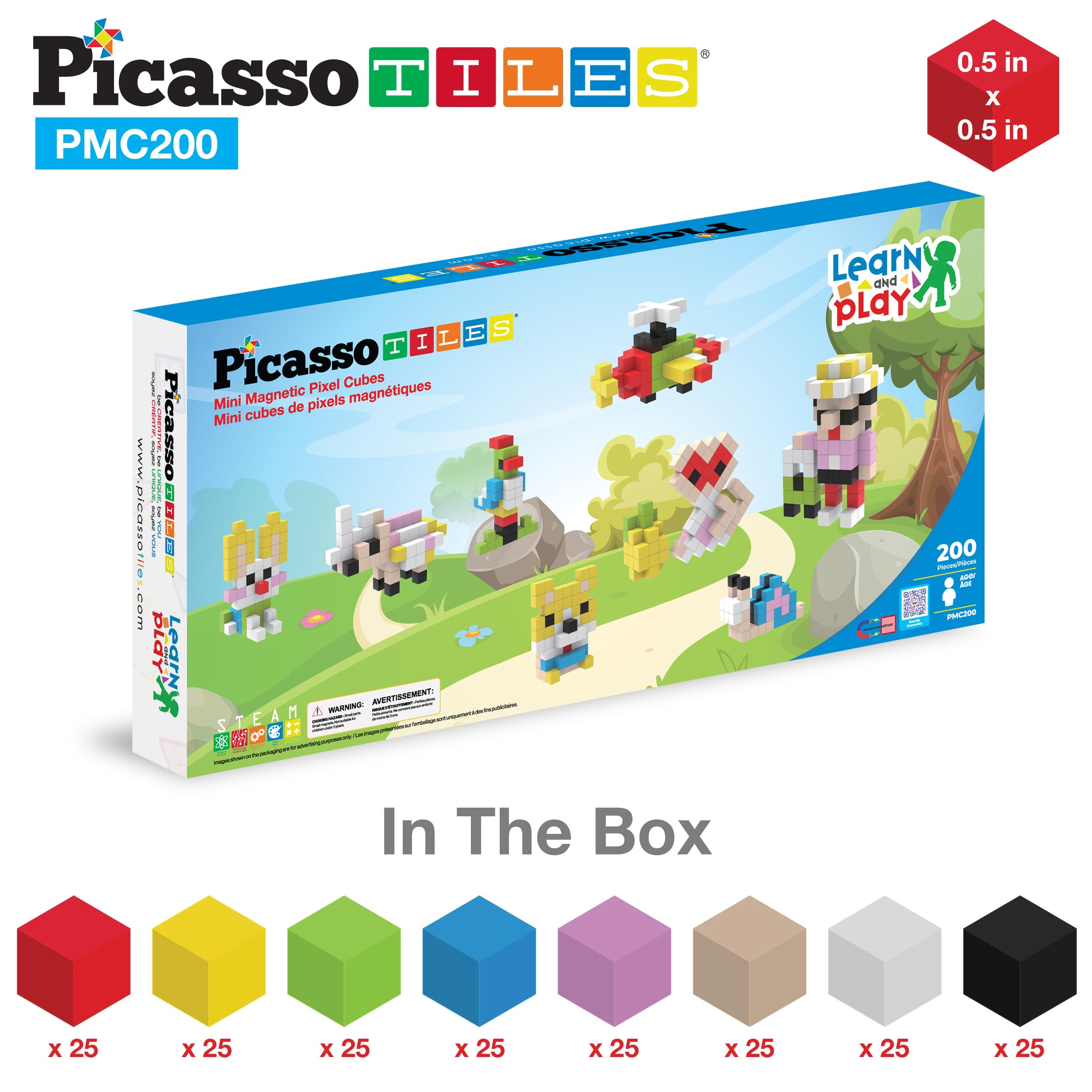 PicassoTiles 0.5” Pixel Magnetic Puzzle Cube 200 Piece Mix & Match