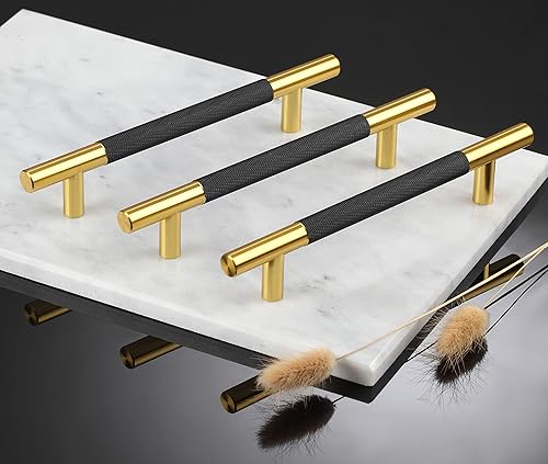 Miniatura 8 de Paquete de 10 tiradores de gabinete negros y dorados moleteados con espacio entre agujeros de 6.3 pulgadas (8.5 pulgadas de longitud), manijas