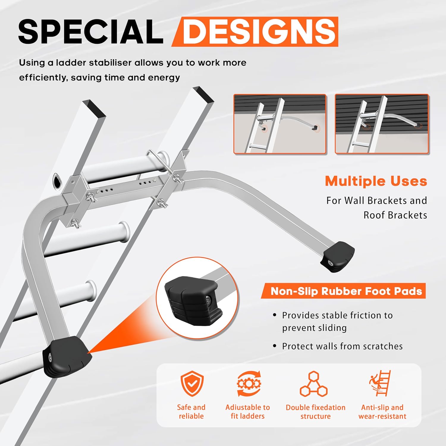 Aluminum Ladder Stabilizer Accessory for Roof Gutters with Wrench, Heavy Duty Extension Ladder Accessory, Wing Spread Wall Ladder Support/Wall Ladder Hook with Non-Slip Rubber Backing Pad