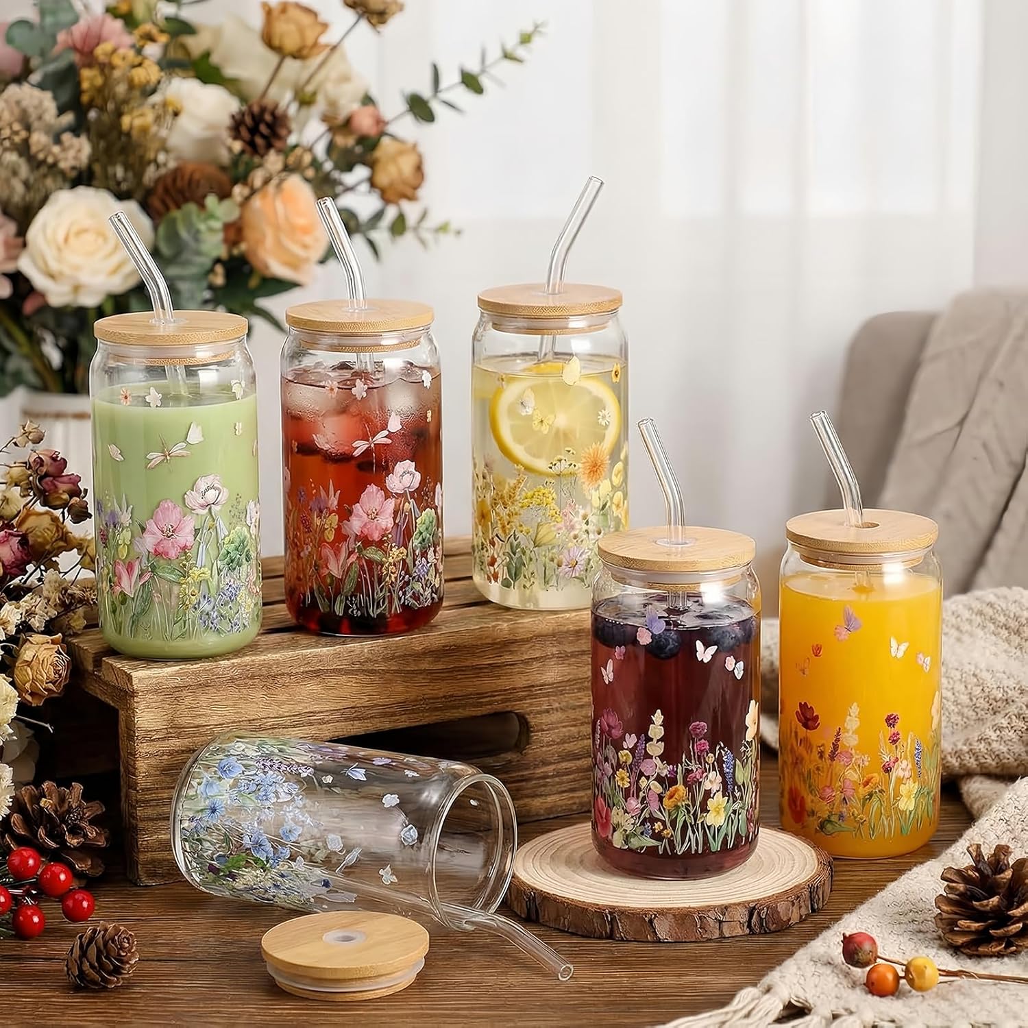 12Pcs Wildflower Floral Glass Cups with Lids and Straws 16oz Botanical Drinking Glasses Cups Iced Coffee Cup for Women Mom Nature Lover Coffee Tumbler Spring Summer Party Favors Gifts