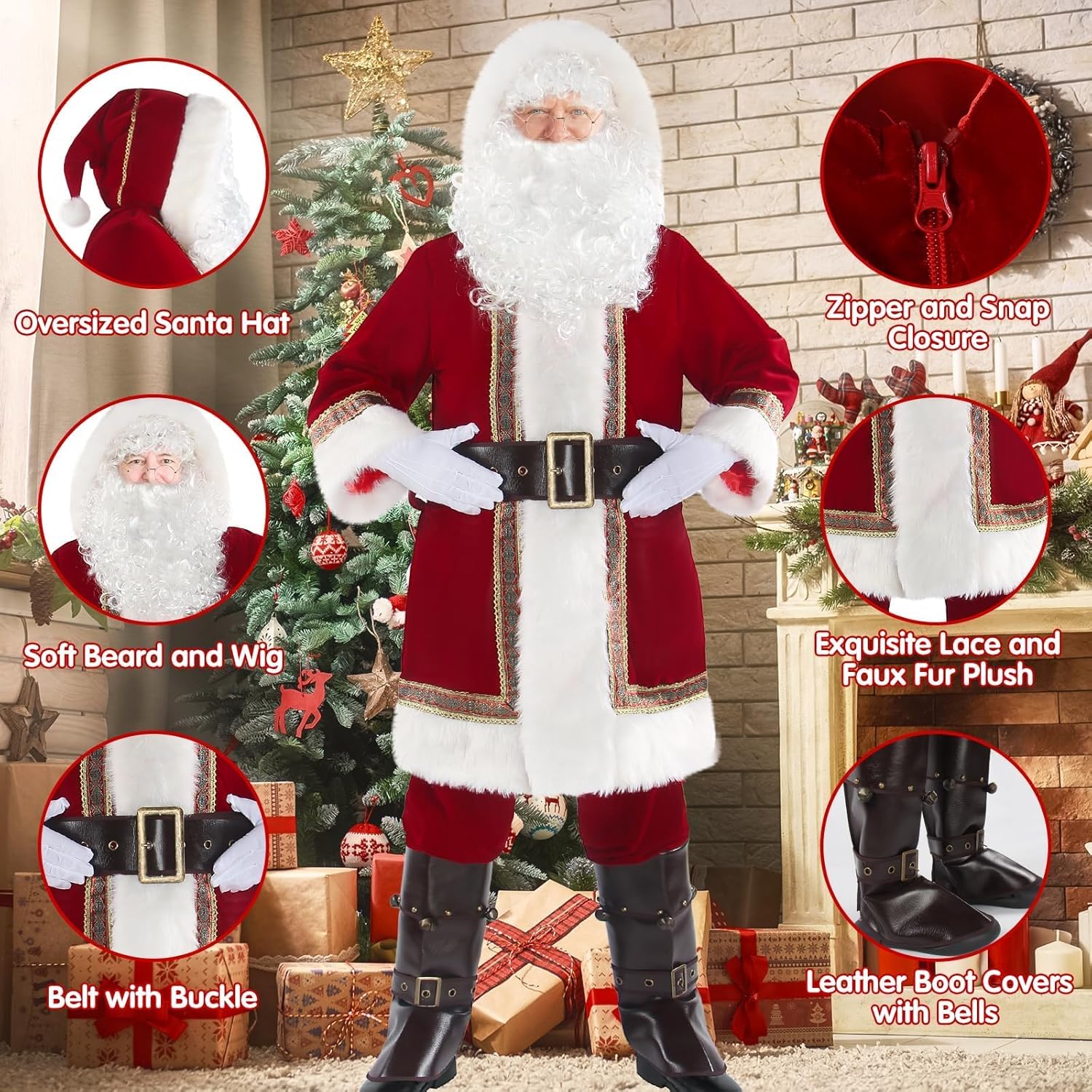 10PCS Deluxe Christmas Santa Claus Costume Men Santa Suit Cosplay Adult Red Velvet Outfit Xmas Holiday Party - Image 3
