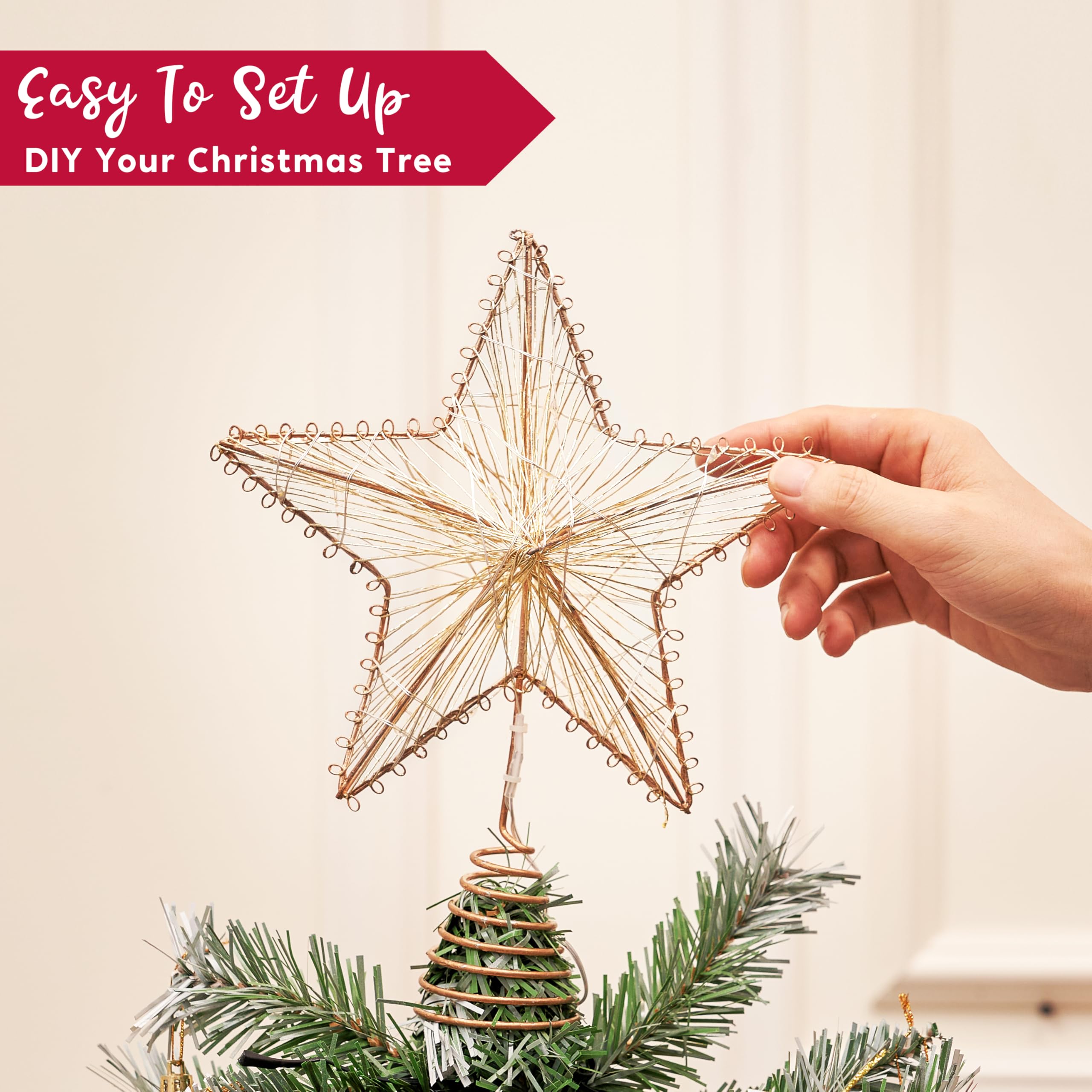 Joiedomi Christmas Tree Toppers 8" Gold Metal Star Decor with Battery Powered Treetop Ornaments with Warm White LED Lights for Xmas Holiday Party Indoor Decorations - Image 3