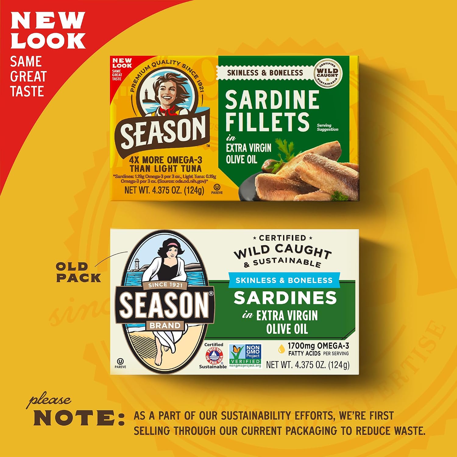 Season Sardines in Extra Virgin Olive Oil - Skinless & Boneless, Wild Caught, 22g of Protein, Keto Snacks, More Omega 3's Than Tuna, Kosher, Premium Quality, Canned Sardines - 4.37 Oz Tins, 24-Pack