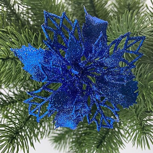 Miniatura 2 de DULRLLY 10 piezas de flores de pascua azules con purpurina, flores artificiales de Navidad con clip, decoraciones de flores de Pascua para árbol de