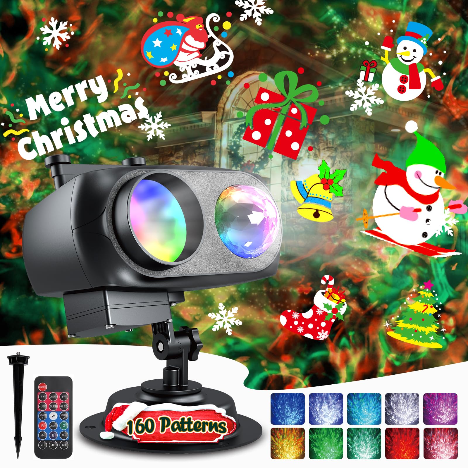 Anysun Proiettore Natale Esterno, Proiettore Fiocchi di Neve Esterno con 20 Diapositive e 160 Motivi Cartonati, Luce Notturna con Telecomando, Timer per Giardino Interni ed Esterni Decorazioni