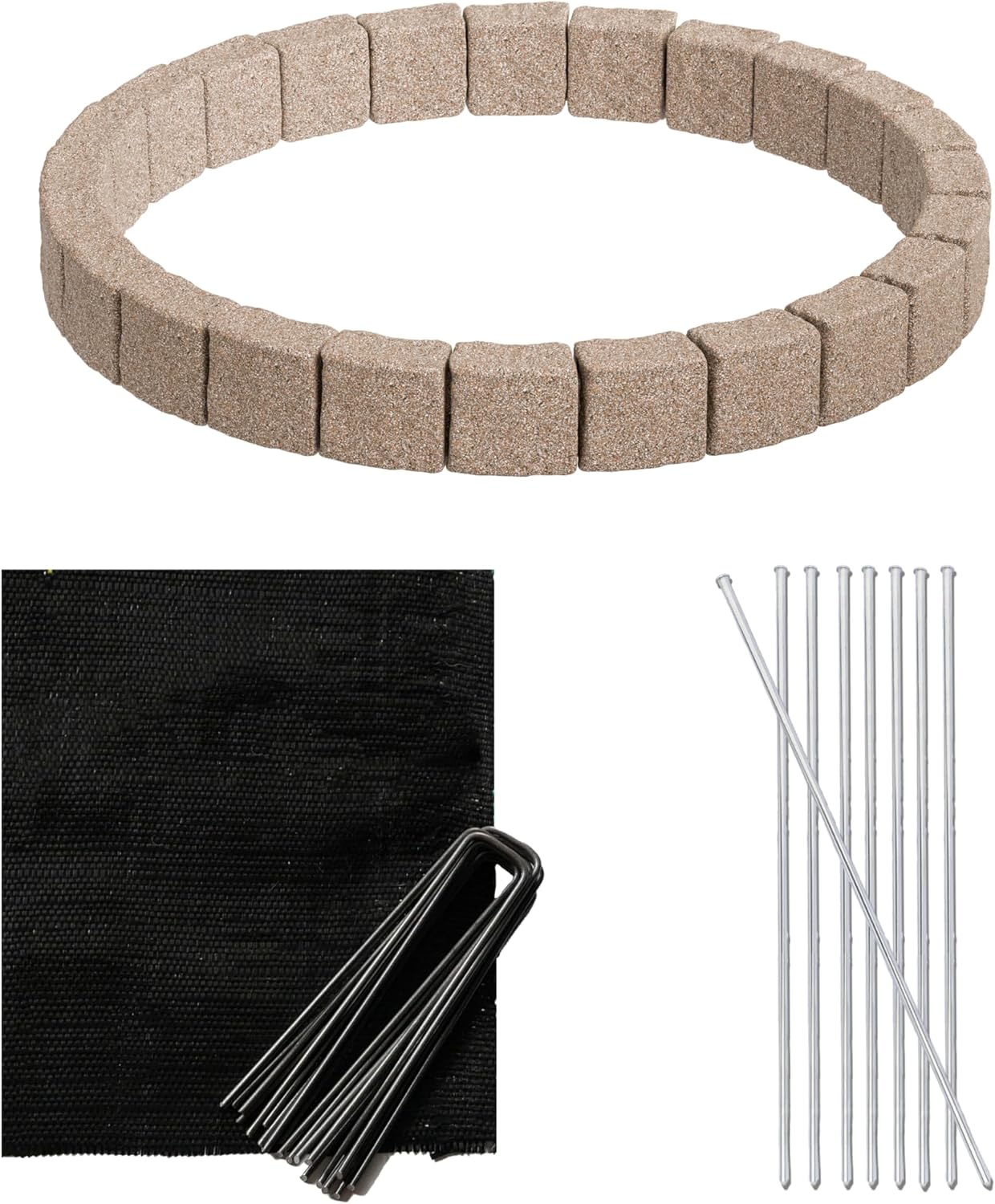 Beuta Landscape Edging | Garden Edging Border | Faux Stone Blocks for Tree Rings | 5FT Dia |4 Sections| Each Section 6 Bricks 48" L x 3.5" W x 6.5" H with Weed Guard,10 Staples & 8 Pins - Cobblestone