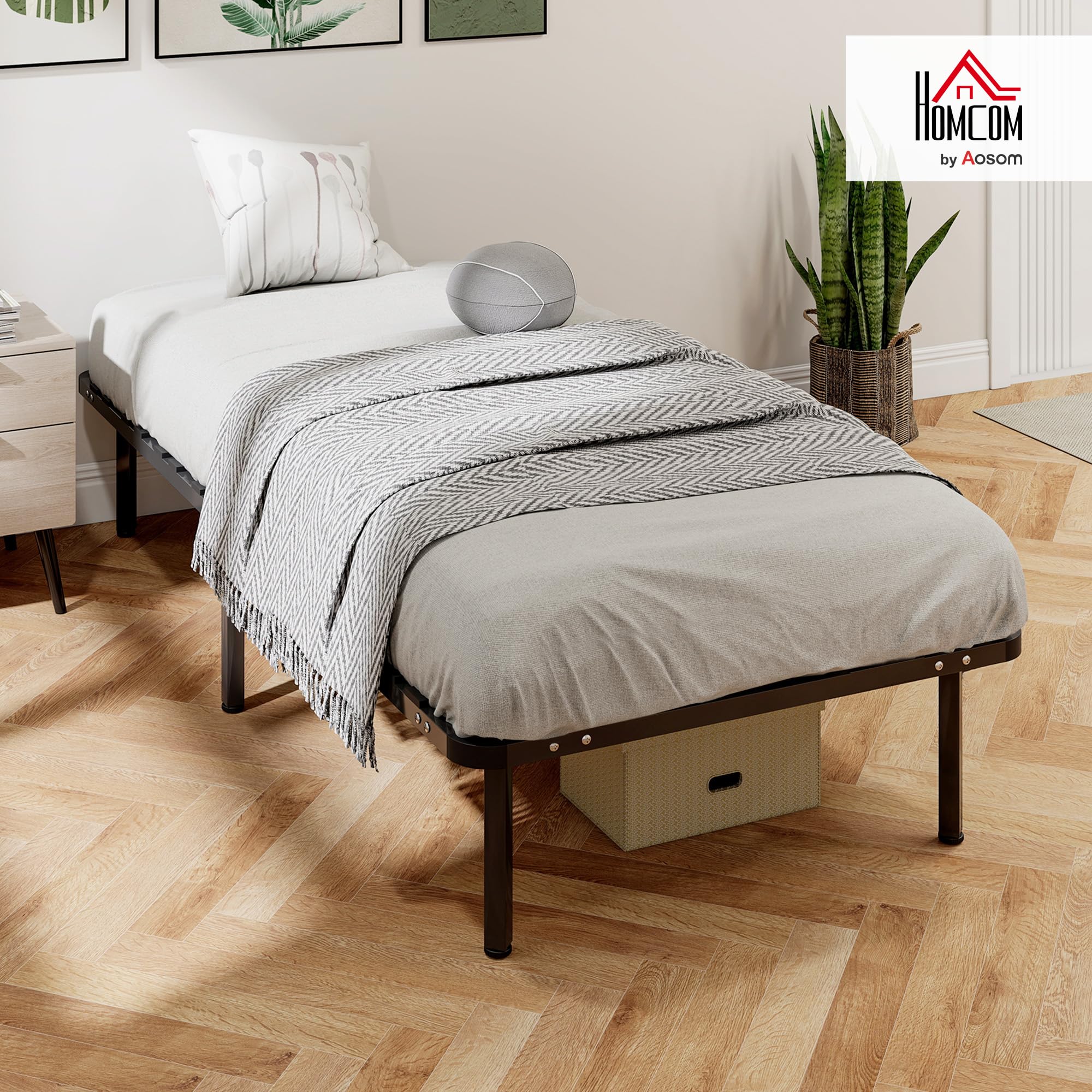 HOMCOM Somier 90x190 cm, Altura 26 cm, Estructura de Cama de Plataforma de Acero con Espacio de Almacenamiento Debajo y Láminas de Álamo, Fácil de Montar, Carga 300 kg, Negro