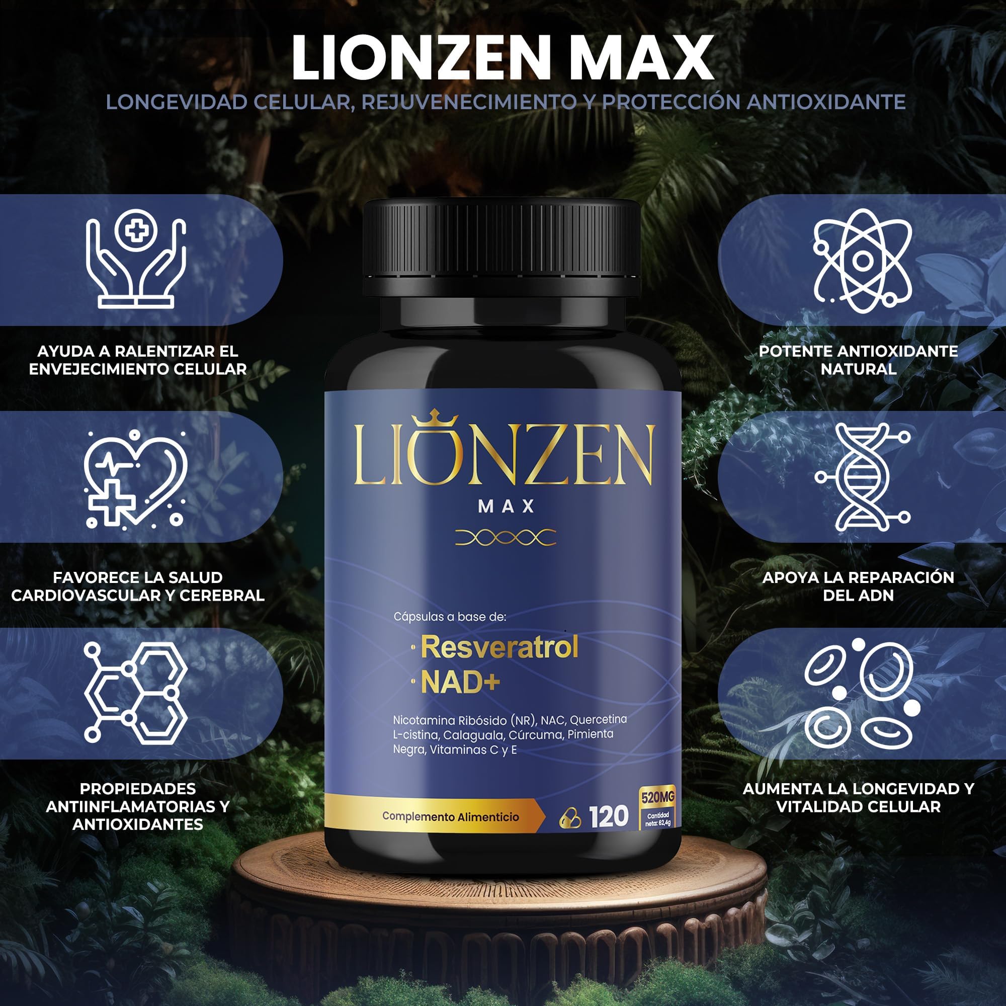 NAD Resveratrol puro 1000mg Antienvejecimiento Energía Celular Nicotinamide Riboside Quercetina NAC Cúrcuma Lionzen Max