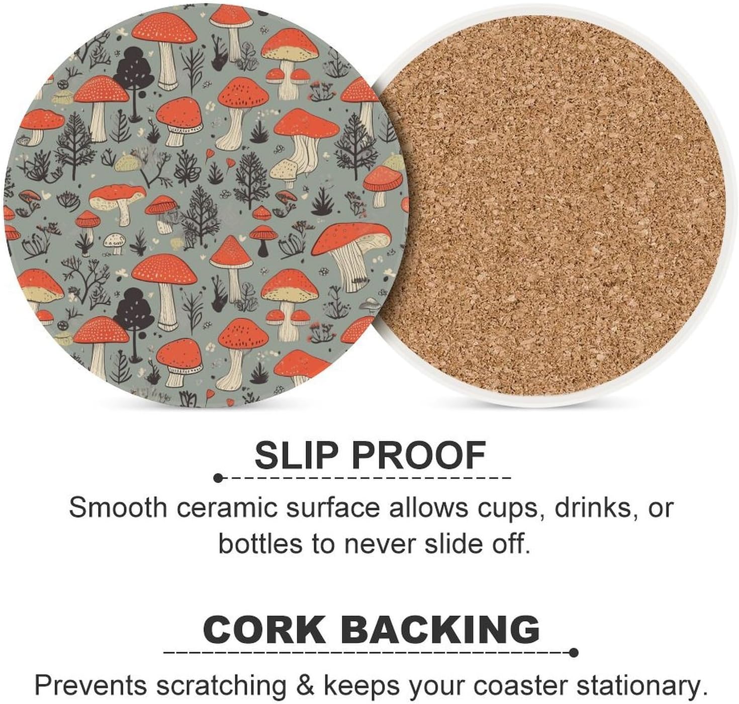 Mushroom2 Coaster with Cork Base Drink Coasters for Coffee Table Decor Modern Cup Coasters with Non-Slip & Heat-Resistant Cute Ceramic Table Coaster for Home Dining