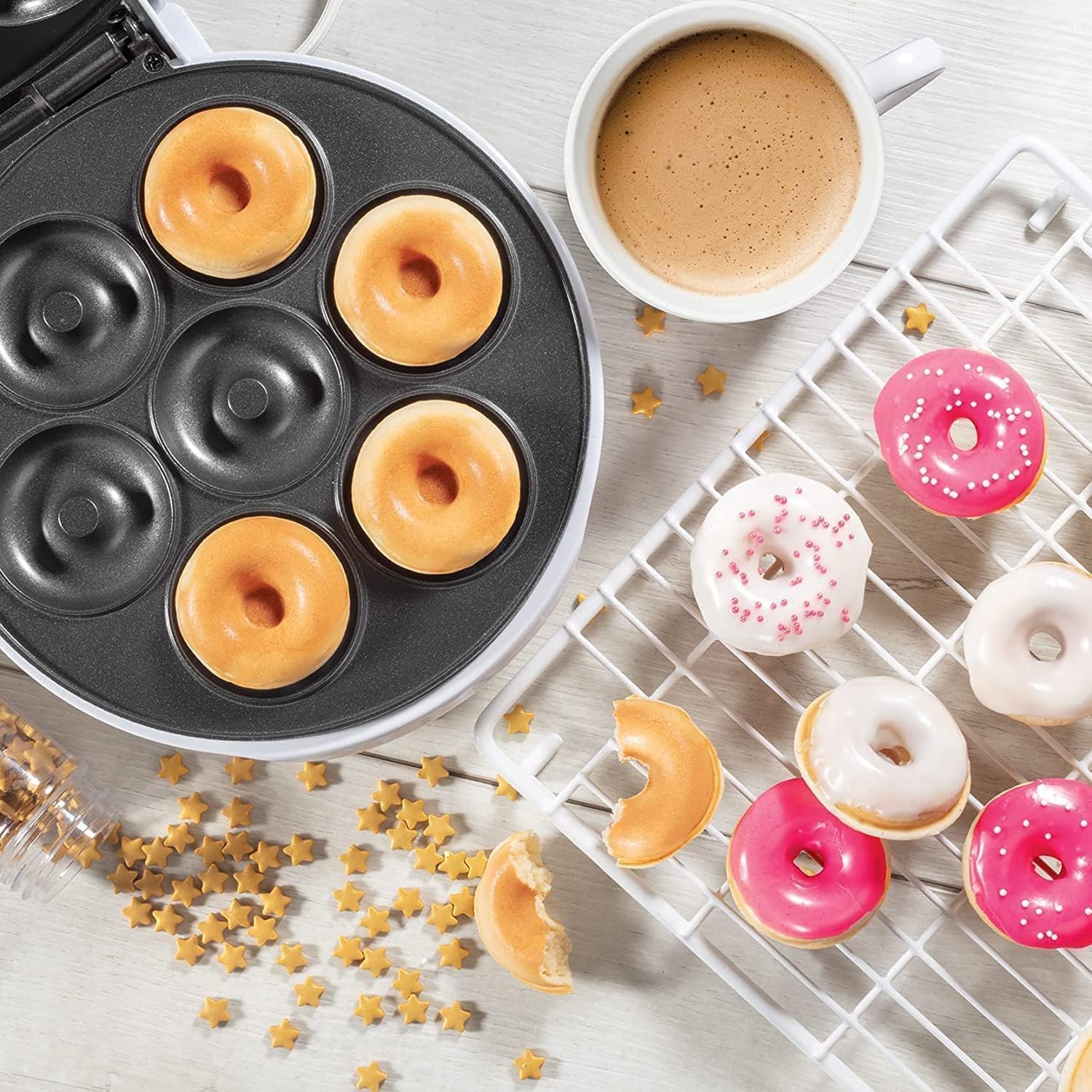 Fabater Maker Machine, Electric Non Stick Doughnut Maker, Toaster Donut Machine for Home Snacks Dessert with Non Slip Feet, Breakfast Maker, Baking Pan, Makes 7 Doughnuts