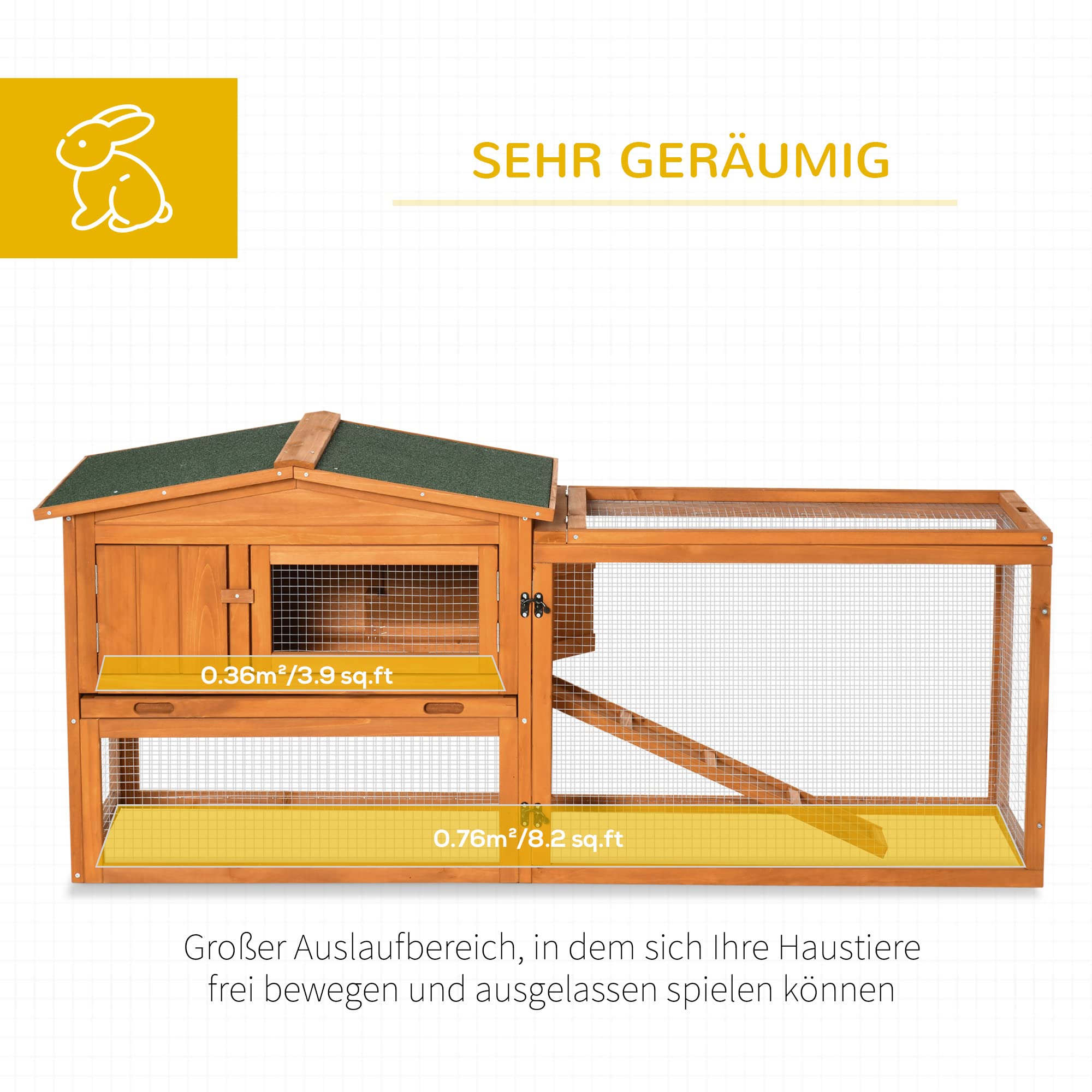 PawHut Hasenstall 2 Ebenen Wetterfest Kaninchenstall aus Holz mit Freilaufgehege Herausnehmbarem Tablett mit aufklappbarem Deckel Sichtfenster 156x58x68 cm Kaninchenkäfig für Indoor Outdoor Orange