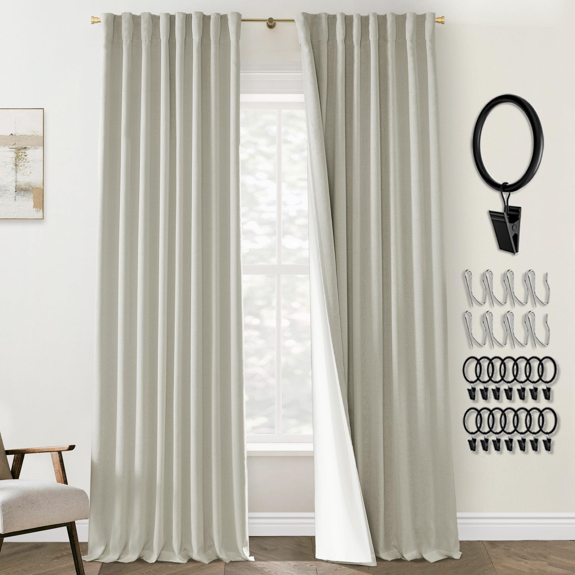 PANELSBURG - Linen Pinch Pleat Room Darkening Curtains Set of 2 Panels 92 Inches Long for Living Room Bedroom Beige Green